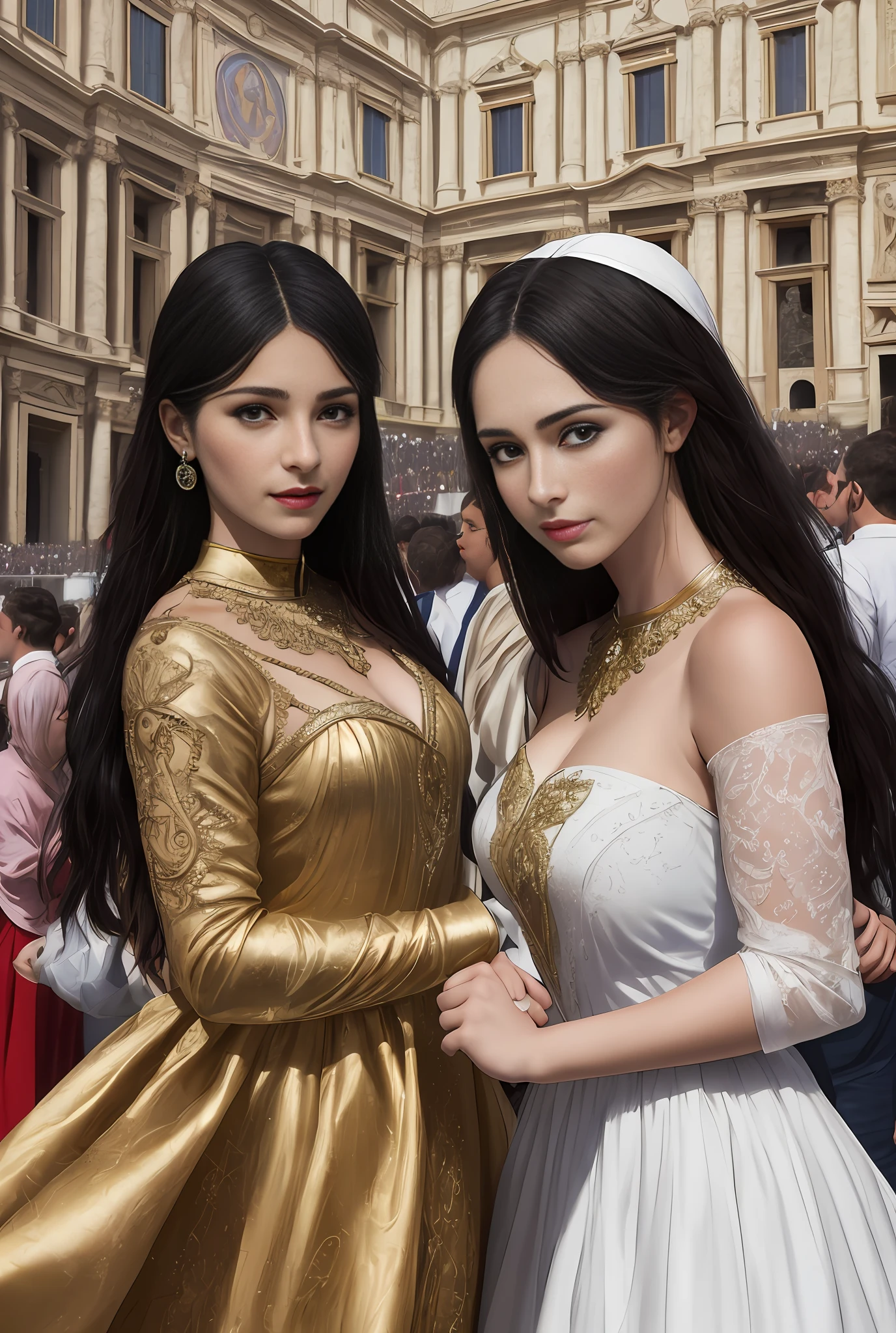 (masterpiece, best quality, realistic),
2girls,duo,(on the St. Peter's Square of Vatican,crowd), gypsy dress, dancing, intricate, dark white dress, gold, gypsy person, banquet, crowd, picking up skirt,pale skin,
[slight smile],