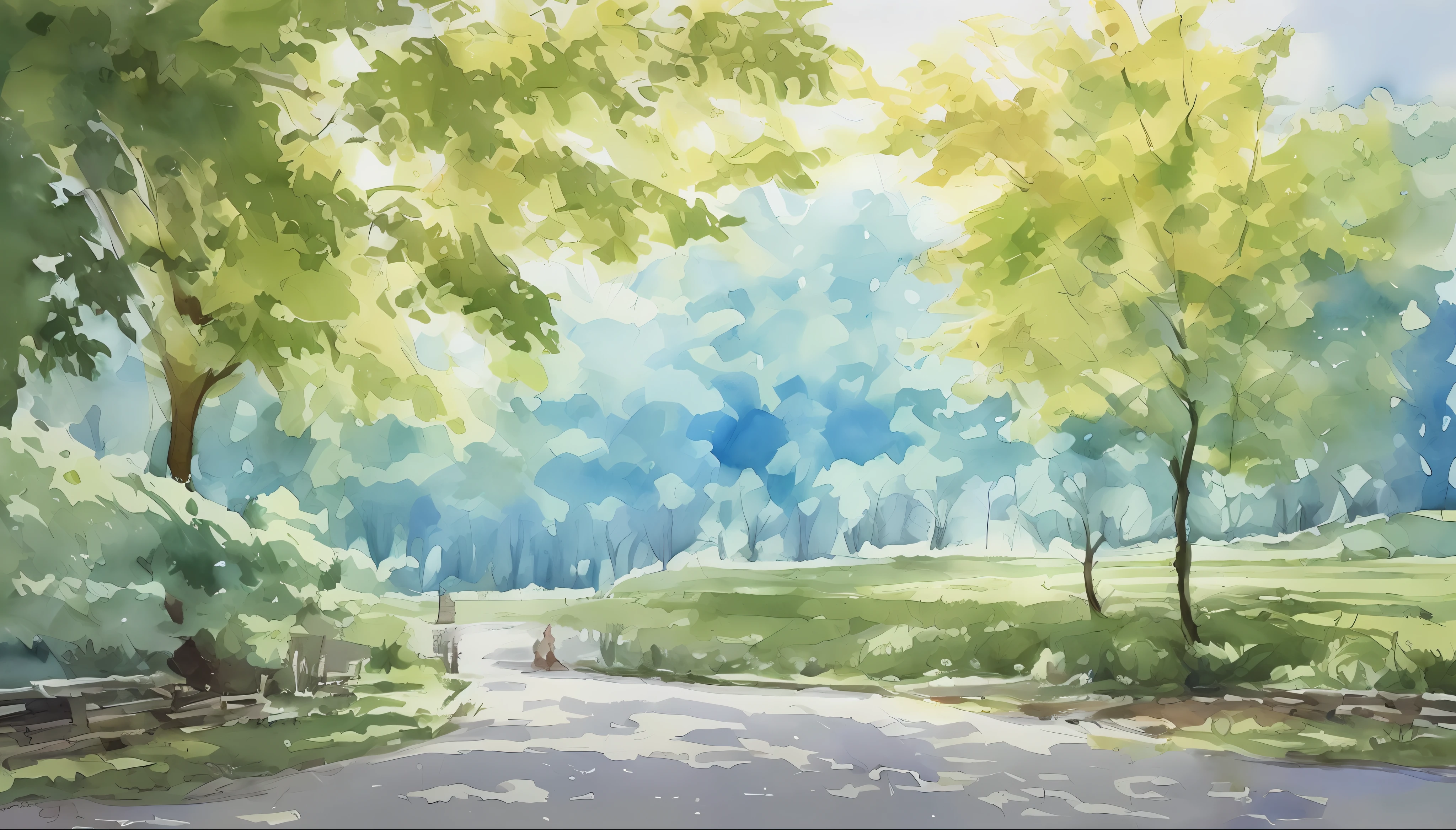 Ilya Viktorovich Ibryaev, famous Russian watercolor painter, aquarelle painting, Tyndall effect, aquarelle painting, China Rural Road, the trees, cloudy sky, ombre, saturated colors