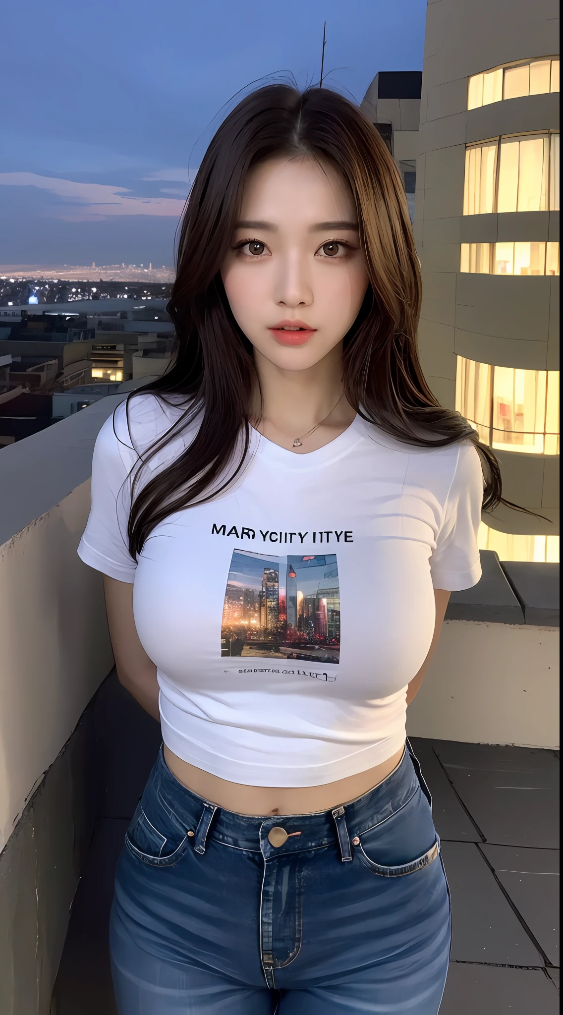((Midnight, Best quality, 8k, Masterpiece :1.3)), Whole body, Long legs, Sharp focus :1.2, A pretty woman with perfect figure :1.4, Slender abs :1.1, ((Dark brown hair, Big breasts :1.2)), (White tight tshirt, Jean bib, Standing:1.2), ((Night city view, Rooftop:1.3)), Highly detailed face and skin texture, Detailed eyes, Double eyelid