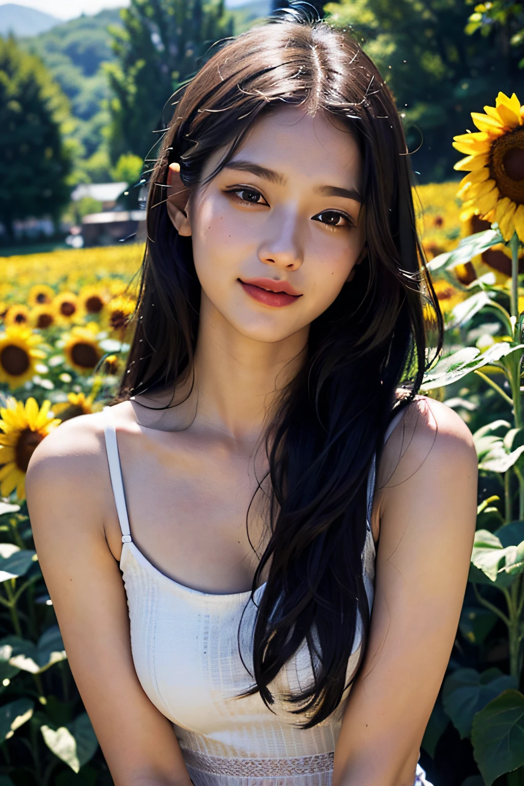 (in 8K、 Raw photography、top-quality,、hight resolution),、(hyper realisitic)、(realisitic),、Soft light、、girl with、Lifelike face、Realistic body、real looking skin、absurderes、masterpiece、Cuties、独奏、Innocent eyes、blusher、Cinema Lights、cherry colored lips、The hair 、a closeup、looking at viewert、 Open lips,、Upper teeth,、(Smiling eyes:0.6)、eyes focus、professionally lit、CG Social Trends、Plastic En、((Black Long Hair))、((Beautuful Women))、(A smile)、Fashionable、(A sexy)、Hair that flutters in the wind、((Flowing hair))、Happy -、fashion magazine、((lighting like a movie))、(the woods)、Sun flower、sunflowers fields、