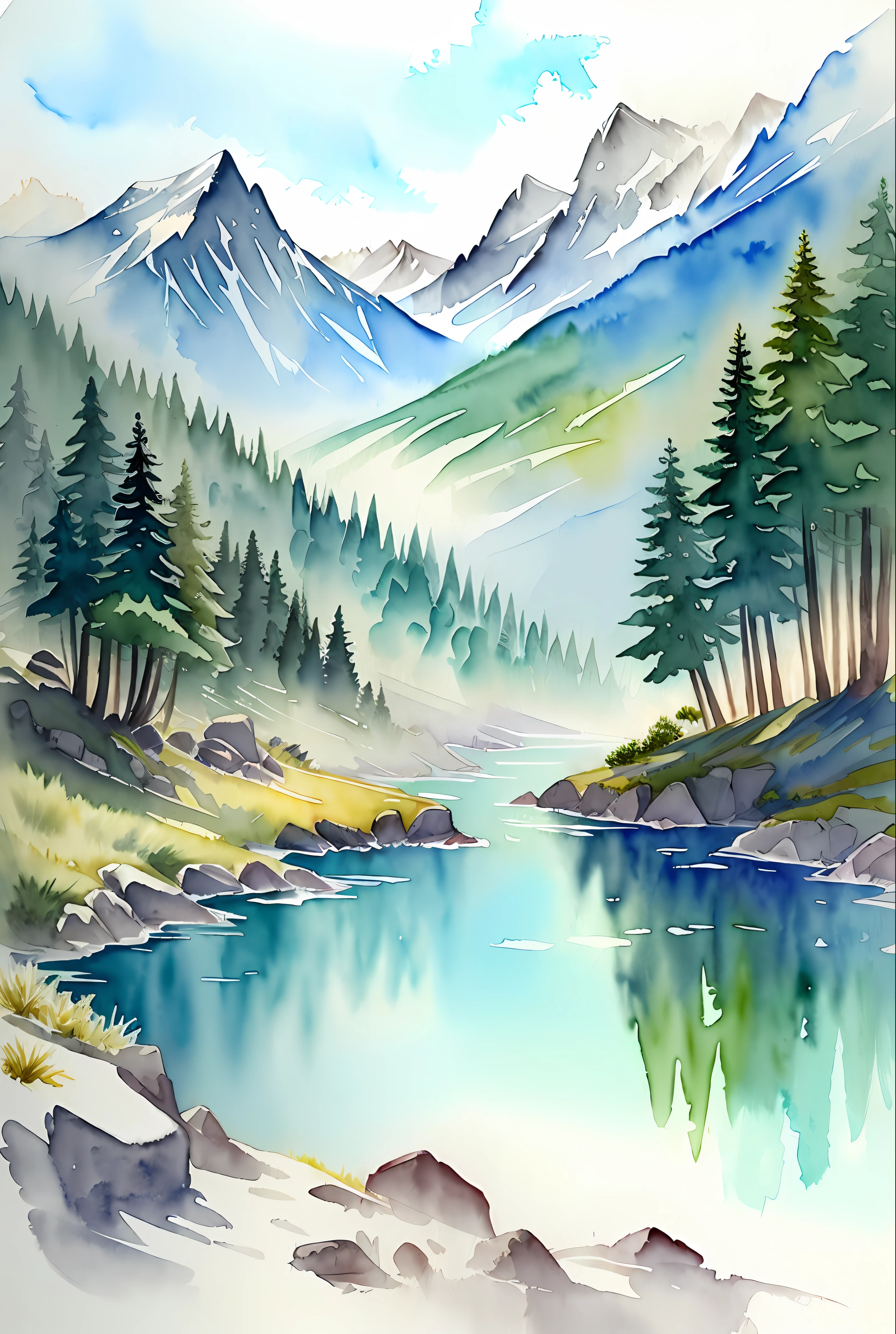 ( watercolor \(medium\), drawing, IrisCompiet:1.2),painting of arctic alpine tundra, landscape, sfw