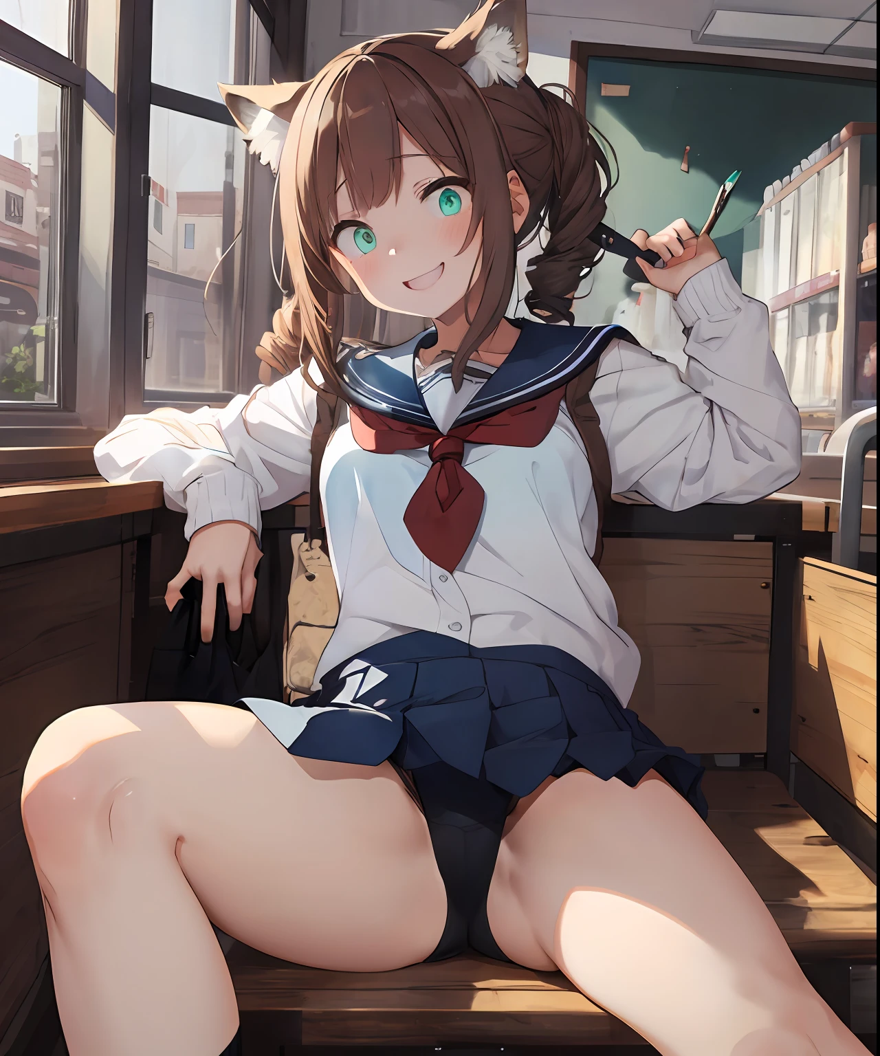masterpiece, best quality, ultra-detailed, illustration, an extremely delicate and beautiful, cute, girl, energetic, active, 2girls, crossed legs, brown hair, aqua eyes, happy, (drill hair)++, hat, wolf ears, (school uniform)-, shopping, nsfw, Sexy, light_Blue and White bra, ultra-small bra, NuBra, extreamly detailed crotch, crotch line,