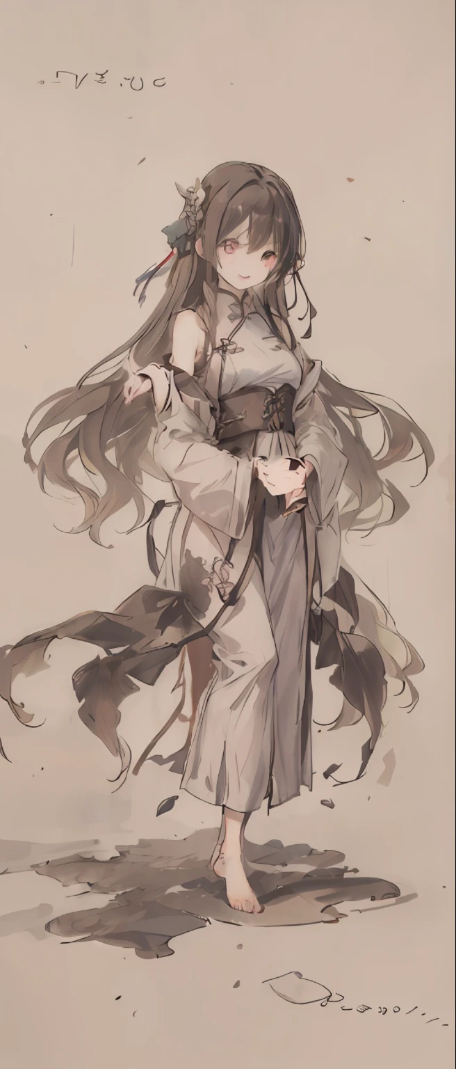 ((4k,masterpiece,best quality)), shuimobysim, traditional chinese ink painting, lotus, hanfu, maxiskit, dress conservatively 1girl, solo, long blue hair, smile, standing, feet in the water, barefoot,