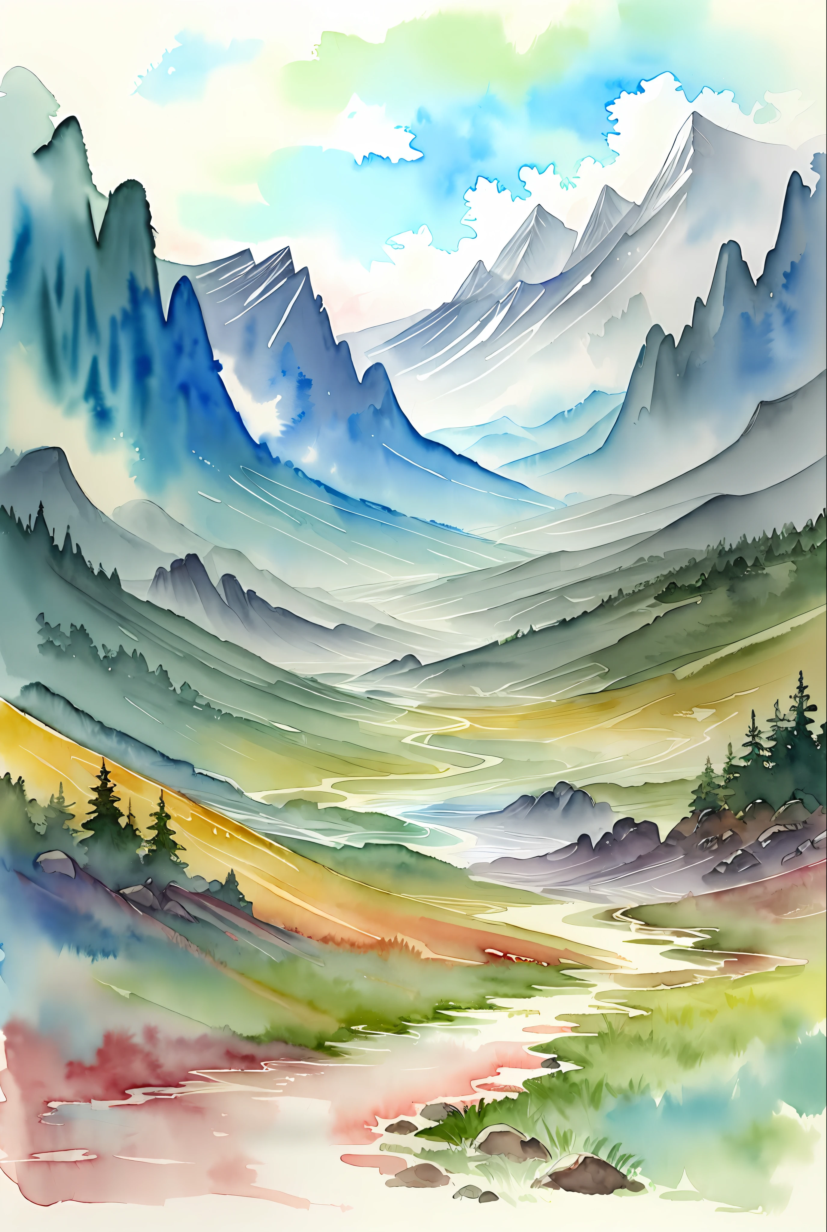 ( watercolor \(medium\), drawing,   IrisCompiet:1.2),painting of  arctic alpine tundra, landscape, sfw