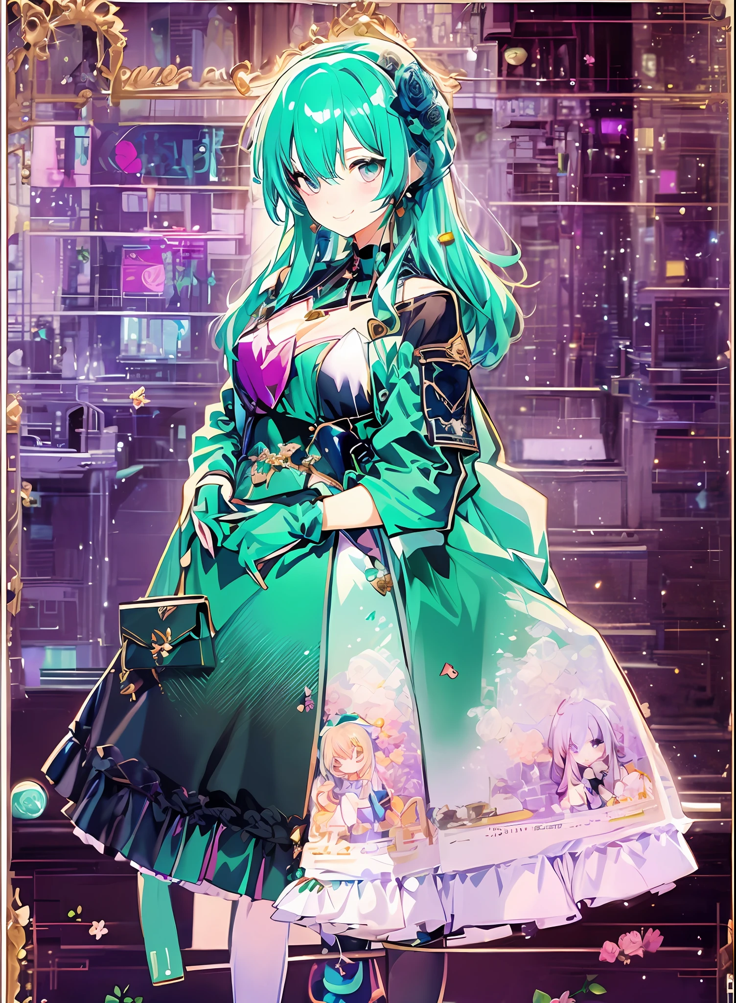 Highly detailed detail、weddingdress、a smile、Konmutsuki_gacha_series1, punk_rosette, cute girl, aqua color flowers, full body, elegant flowers background