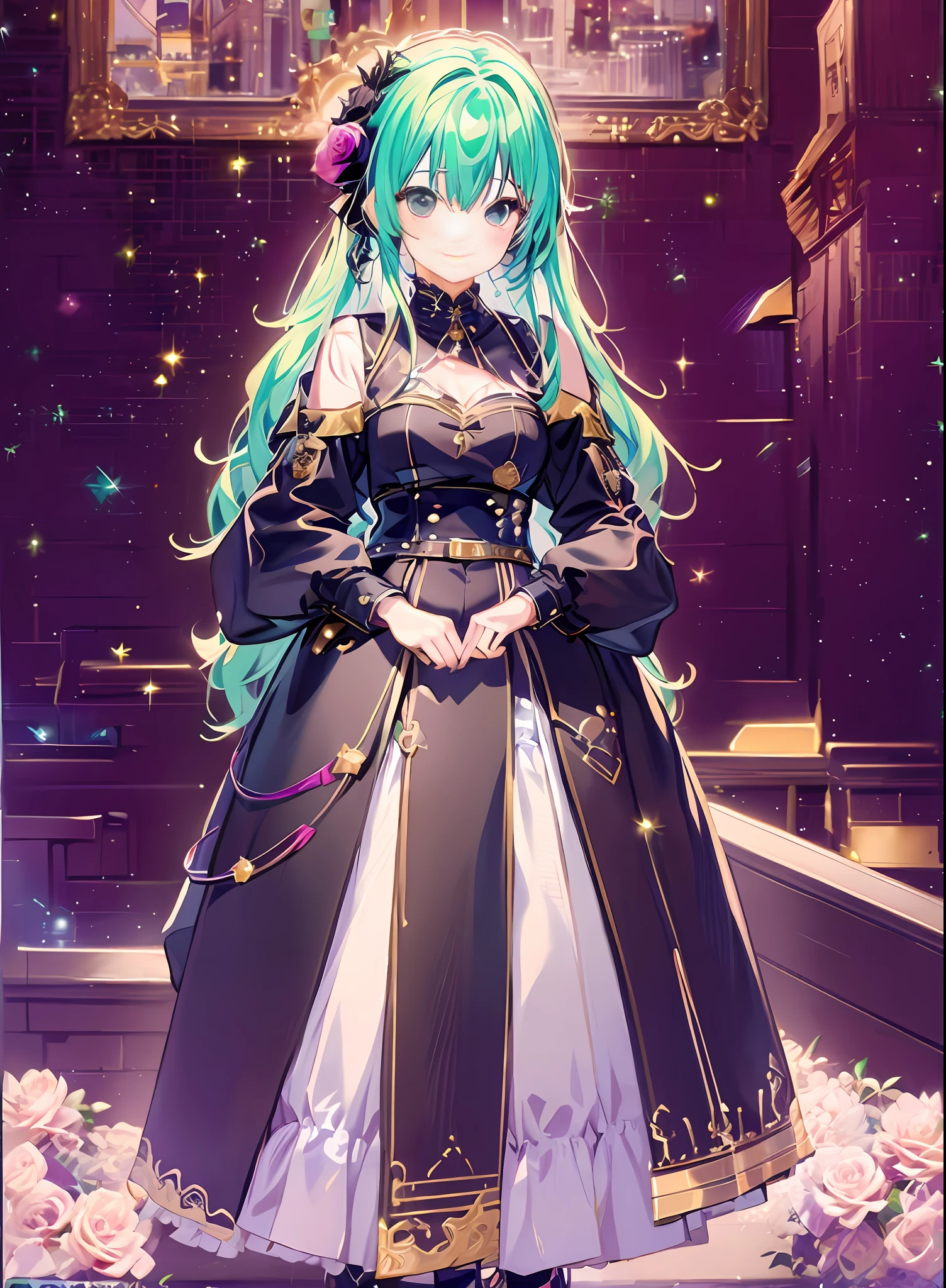 Highly detailed detail、weddingdress、a smile、Konmutsuki_gacha_series1, punk_rosette, cute girl, aqua color flowers, full body, elegant flowers background