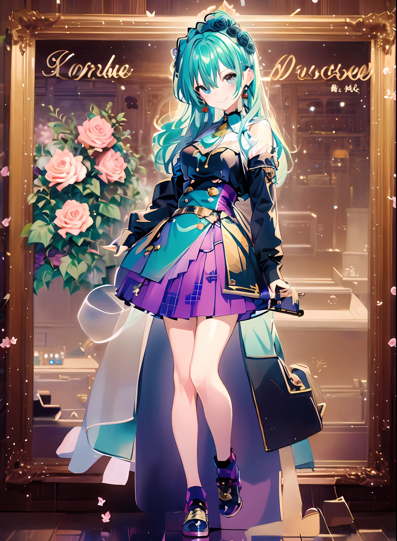 Highly detailed detail、weddingdress、a smile、Konmutsuki_gacha_series1, punk_rosette, cute girl, aqua color flowers, full body, elegant flowers background