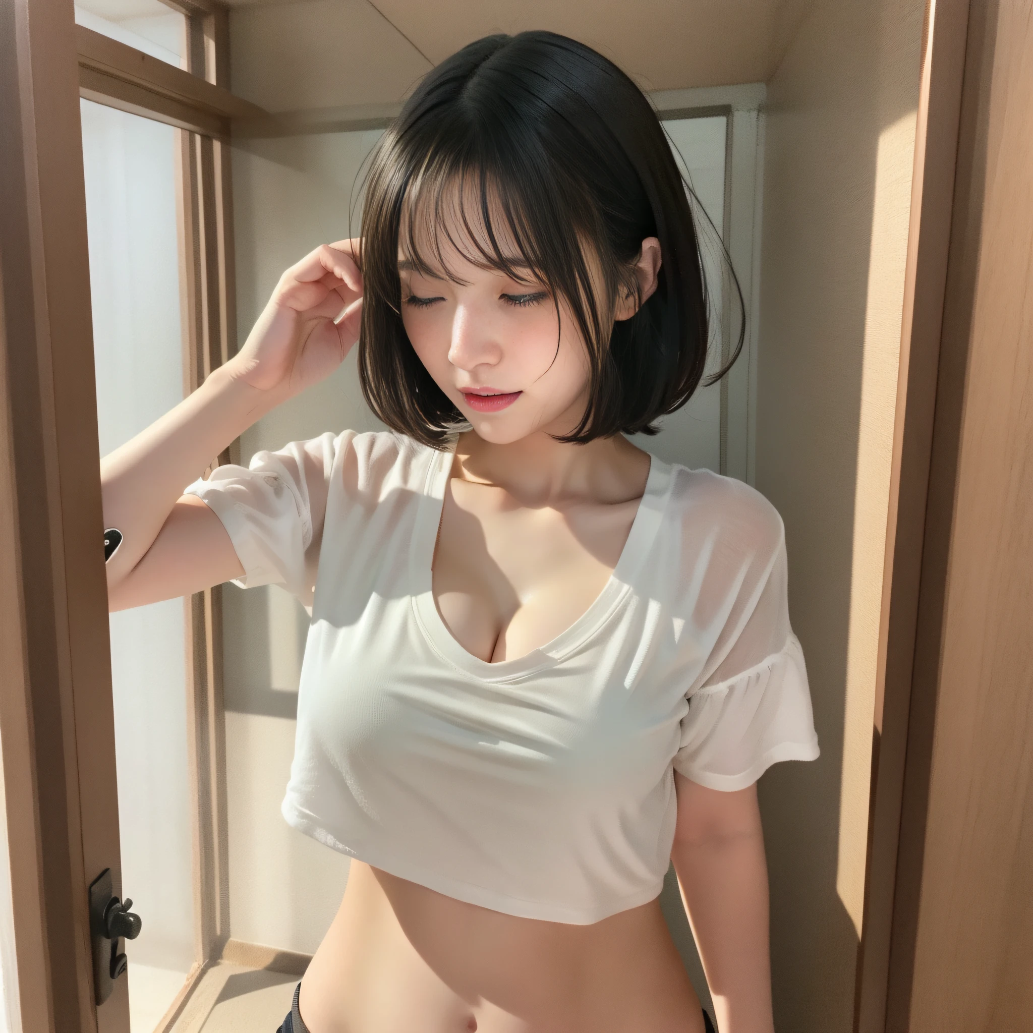 Height 158 cm, weight 65 kg, white skin, gravure idol, solo masturbation, pee feet transparently, 1 girl at the moment when transparent pee is squirting, masterpiece, top quality, AV, real, real, slightly fat, (one person in the photo: 1.3), (solo: 1.3), full body photo, embarrassed and crying expression, upper eyes, shame, shoulder-length short hair, black hair, attractive eyes, big, showing cleavage, protruding tip, Standing with both hands holding the crotch, on the inside of the thigh with both hands, areola visible, fitted white shirt, sunny day, room, embarrassing to leak pee, wet underwear, white underwear, wet white T-back,