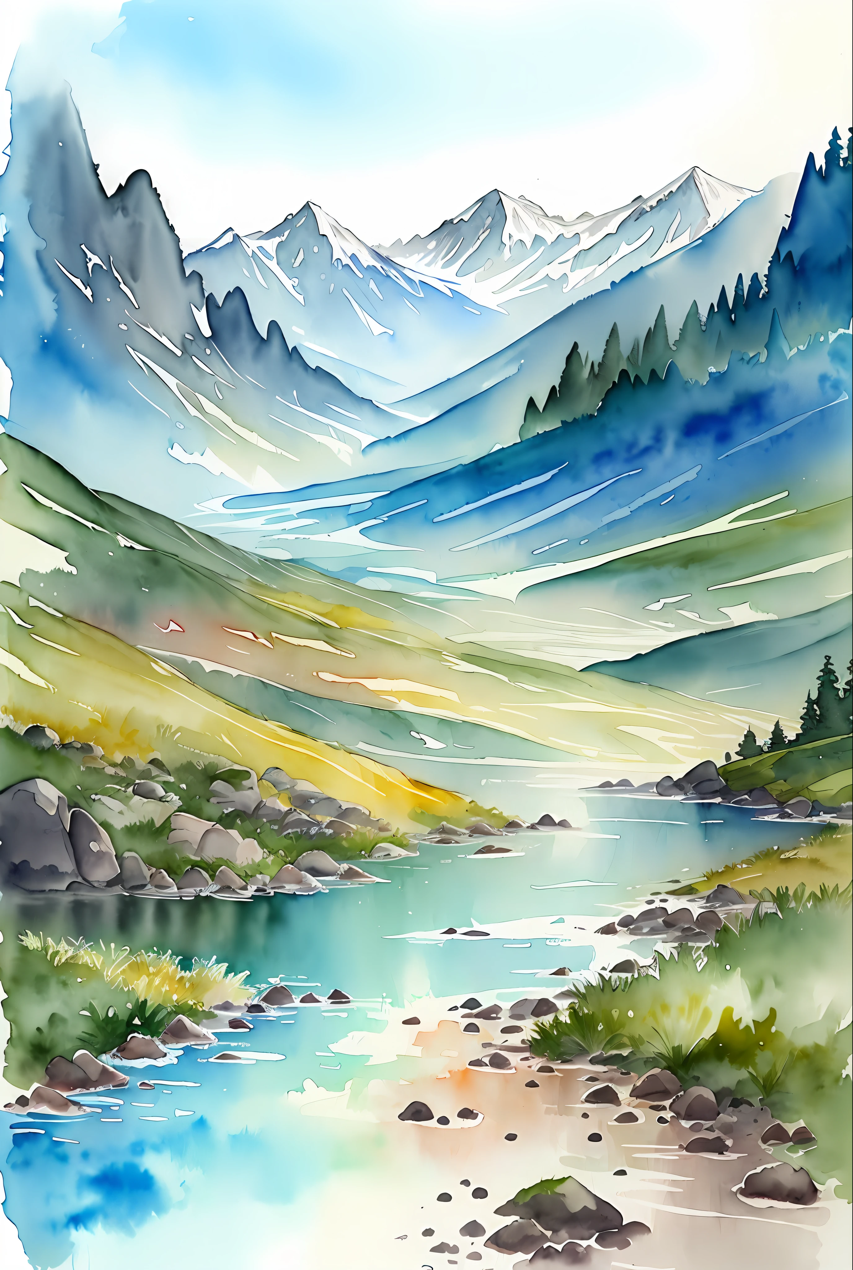 ( watercolor \(medium\), drawing, IrisCompiet:1.2),painting of arctic alpine tundra, landscape, sfw