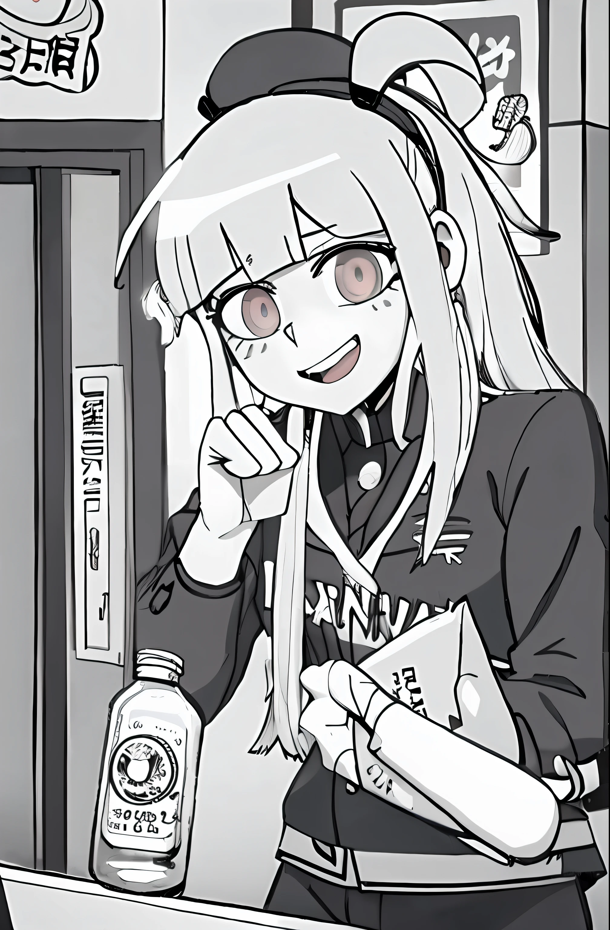 Anime girl in store with a bottle of beer and a cell phone, black and white manga style, akane owari danganronpa, convenience store, Black and white comics, At the counter, chiaki nanami from danganronpa, rei hiroe, Loli, black and white manga panel, lofi-girl, gapmoe yandere