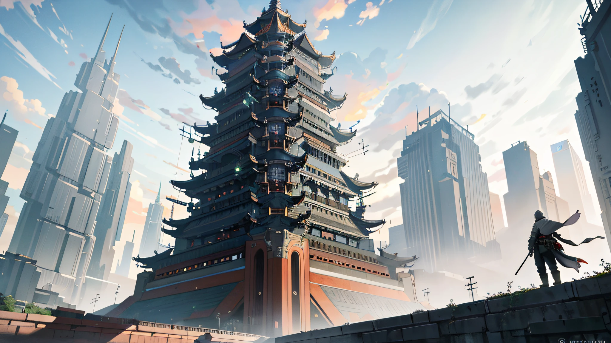 Futuristic city in the sky，with the huge moon in the background, floating city on clouds, huge futuristic temple city, Floating city in the sky, in fantasy sci - fi city, floating lands in-clouds, ancient sci - fi city, big and structured valhalla city, cyberpunk chinese ancient castle, Cloud Palace, palace floating in the sky, stuning fantasy 3 d render --auto