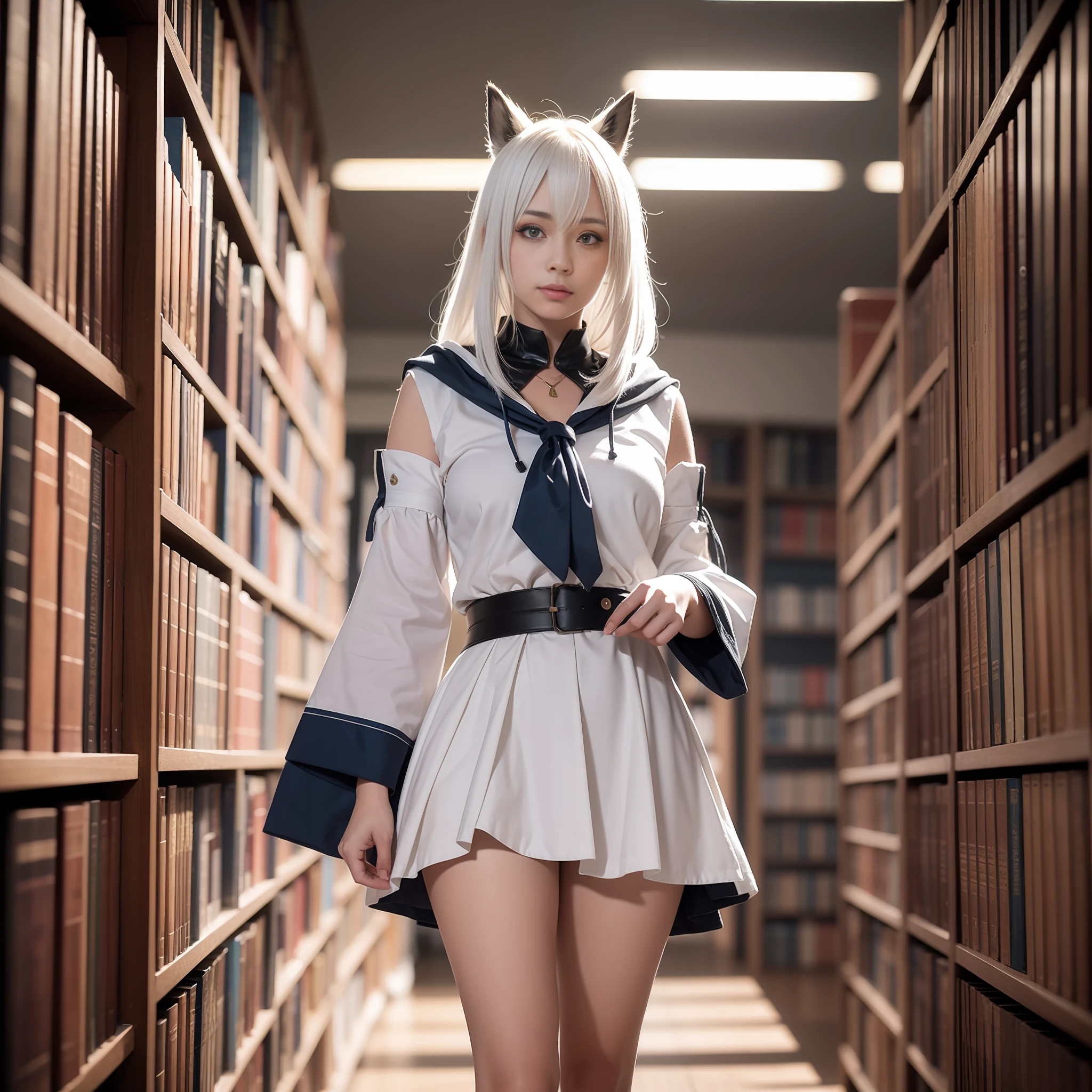 (masterpiece), (best quality), photorealism, realistic, ultra detailed, 8k resolution, (1girl), solo, beautiful, white hair, shirakami fubuki, front light, cinematic light, cold light, library , cosplay, shirakami fubuki cosplay, vtuber, indoor, mystery, fantasy