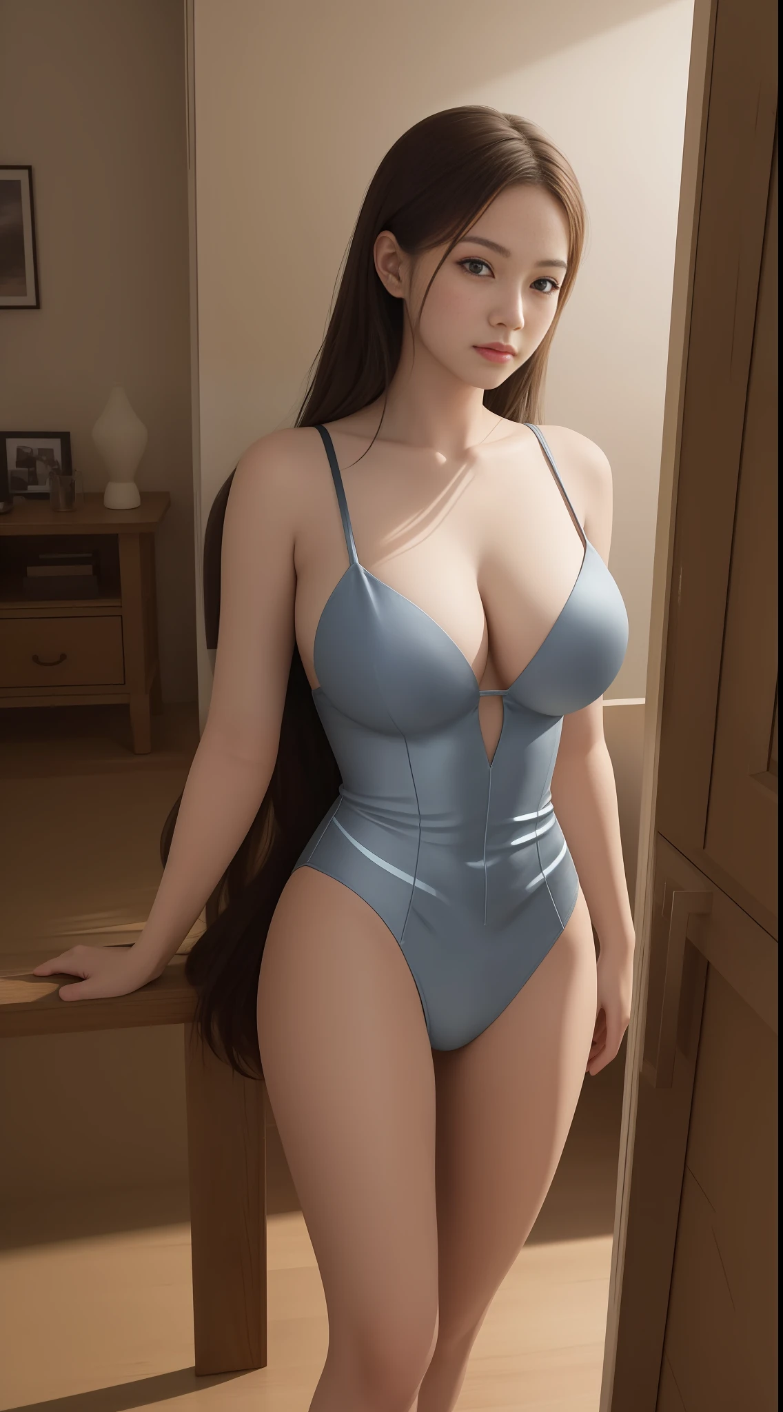 ((best qualtiy,8K,tmasterpiece:1.3)),beauitful face,(photograph realistic:1.4),gentlesoftlighting,(highdetailskin:1.3),8k ultra high definition,digital SLR camera,high qulity,A high resolution,4K,8K,absurderes,Optimal proportions of four fingers and one thumb,(Realistis:1.4),((Realistic overroom:1.3)),Highly Detailed Face and Skin Textur,Detailed eyes,二重まぶた,full-body view,1个Giant Breast Girl,