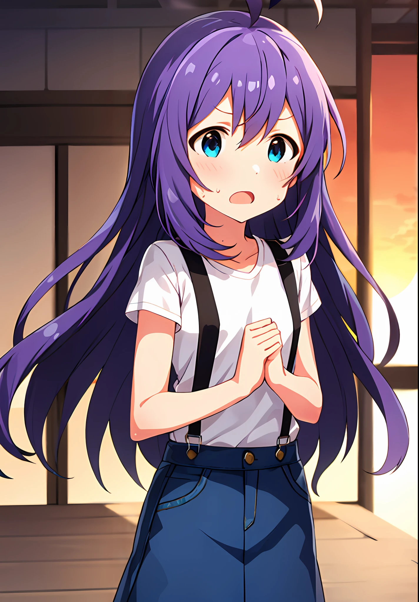 mochizuki anna,1girl in,Solo,Long hair,Purple hair,Medium chest.Ahoge,Blue eyes.Short stature.white t-shirts.suspenders.Skirt.Evening glow.the setting sun..Despair face.Sweat.Opening Mouth.clench your fists.up chest.