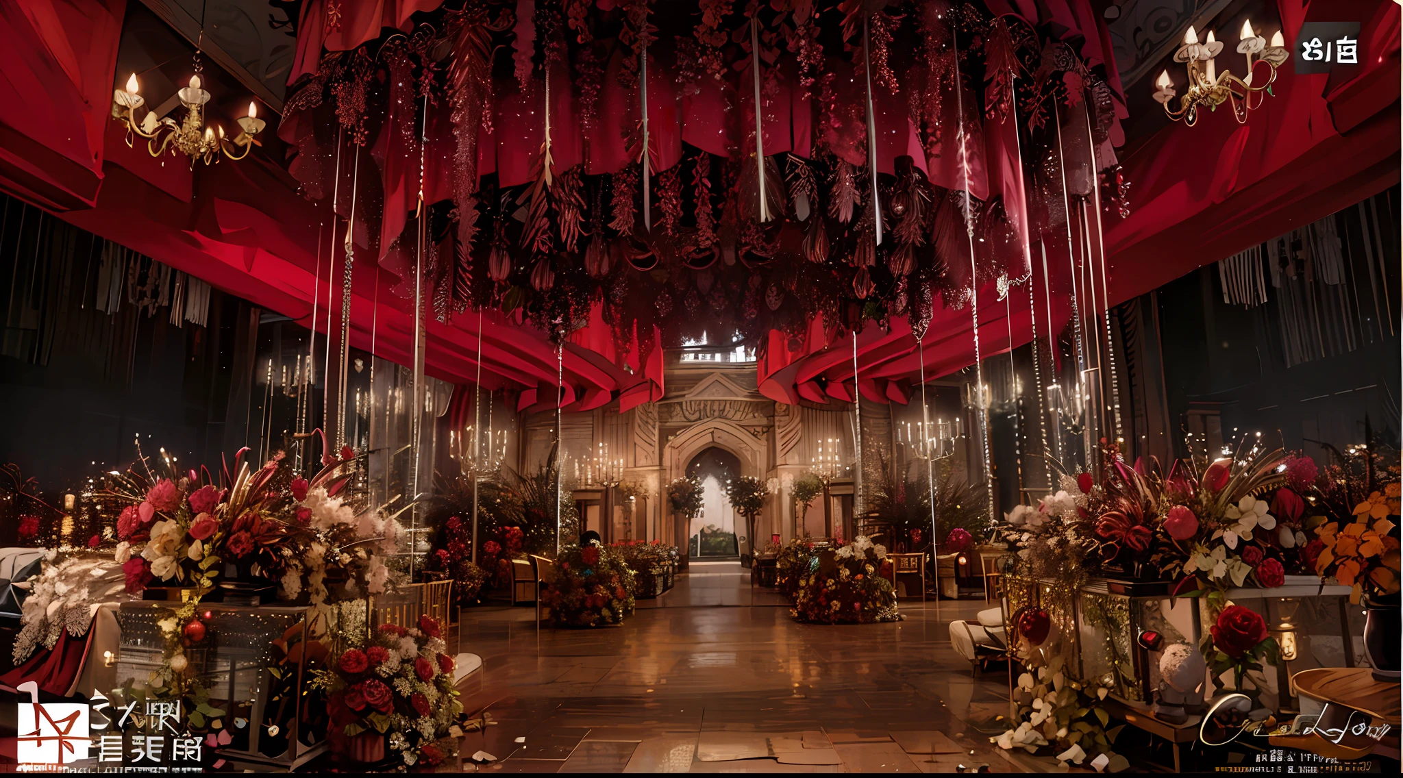 Italian style，Intricate carving，Warm colors，An award-winning masterpiece with incredible detail、big window ，European，palaces，borgar，8K quality，Ultra-clear，Red flowers，Golden，opulent，crystal lamp，Wedding renderings，Interior design，3Drenderingof，8K分辨率，hyper HD，Golden Roman arch