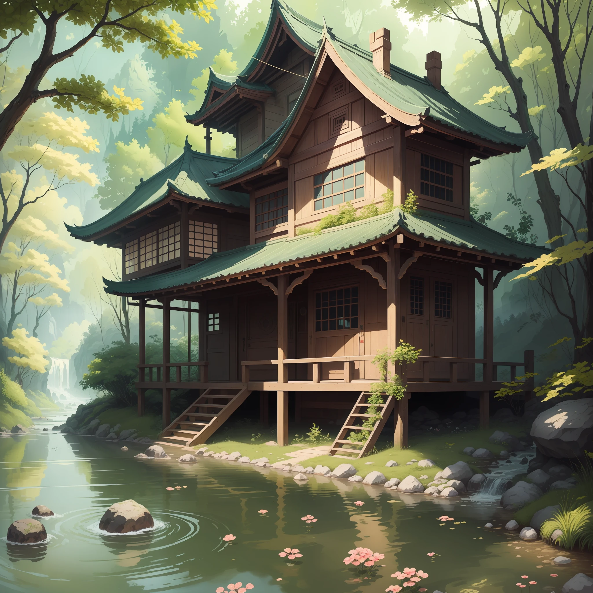 (Antique painting style+Dense vegetation)Add quaint pavilions between the cliffs,Architecture and nature are integrated,Rich in detail and texture,Skillfully showing the fusion of nature and humanity。 --auto
