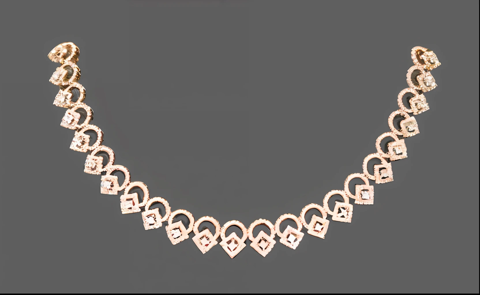 Close-up of necklace with diamond heart design, luxurious neckless, diamonds around her neck, Gold necklace, choker necklace, diamond chain, necklace, with small studded earings, Bra, gold choker, intricate ornament halo, small necklace, ornamental halo, choker necklace, a jewellery design, with sparkling gems on top, Gem Necklace, jewelry photography