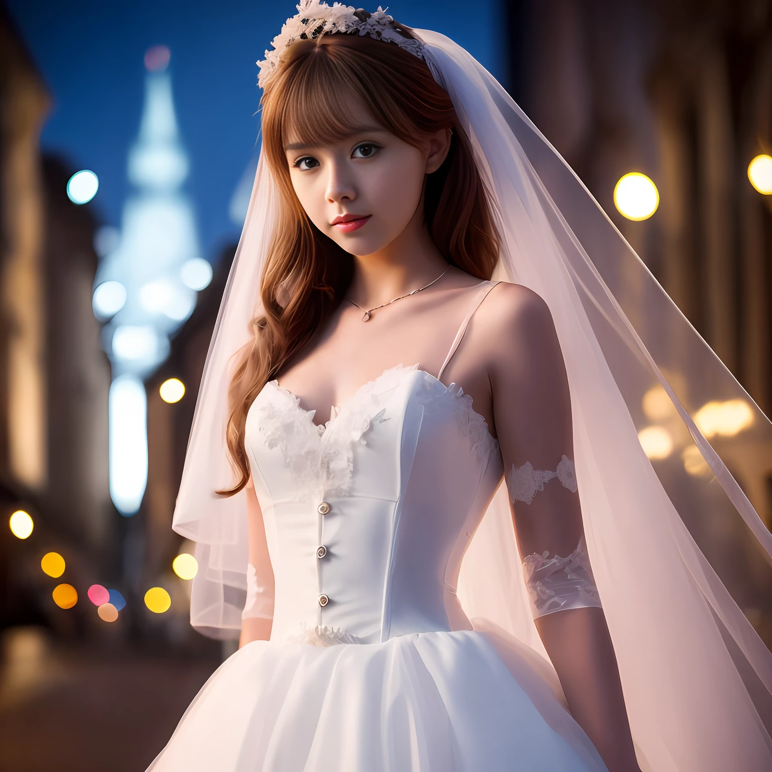 Beautiful 22-year-old brunette sister perfect height ratio wearing white wedding dress tight dress, off-the-shoulder holding red rose waist ribbon --auto --s2