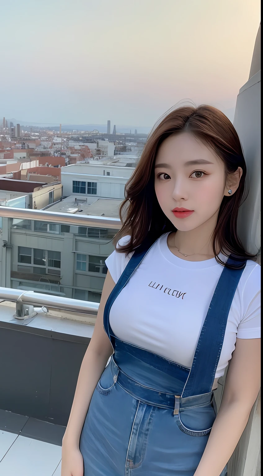 ((Midnight, Best quality, 8k, Masterpiece :1.3)), Whole body, Long legs, Sharp focus :1.2, A pretty woman with perfect figure :1.4, Slender abs :1.1, ((Dark brown hair, Big breasts :1.2)), (White tight tshirt, Jean bib, Standing:1.2), ((Night city view, Rooftop:1.3)), Highly detailed face and skin texture, Detailed eyes, Double eyelid