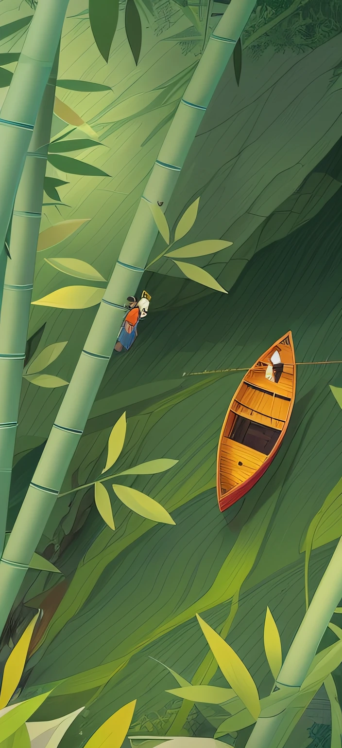 There was a boat floating in the water,Surrounded by bamboo trees, sitting in a small bamboo boat, A illustration, animated still, animated movie still, inspired by Tōshi Yoshida, Stylized digital illustration, portfolio illustration, illustration”, serene illustration, illustration!, Fishing, animated movie still, inspired by Shūbun Tenshō, editorialillustrations