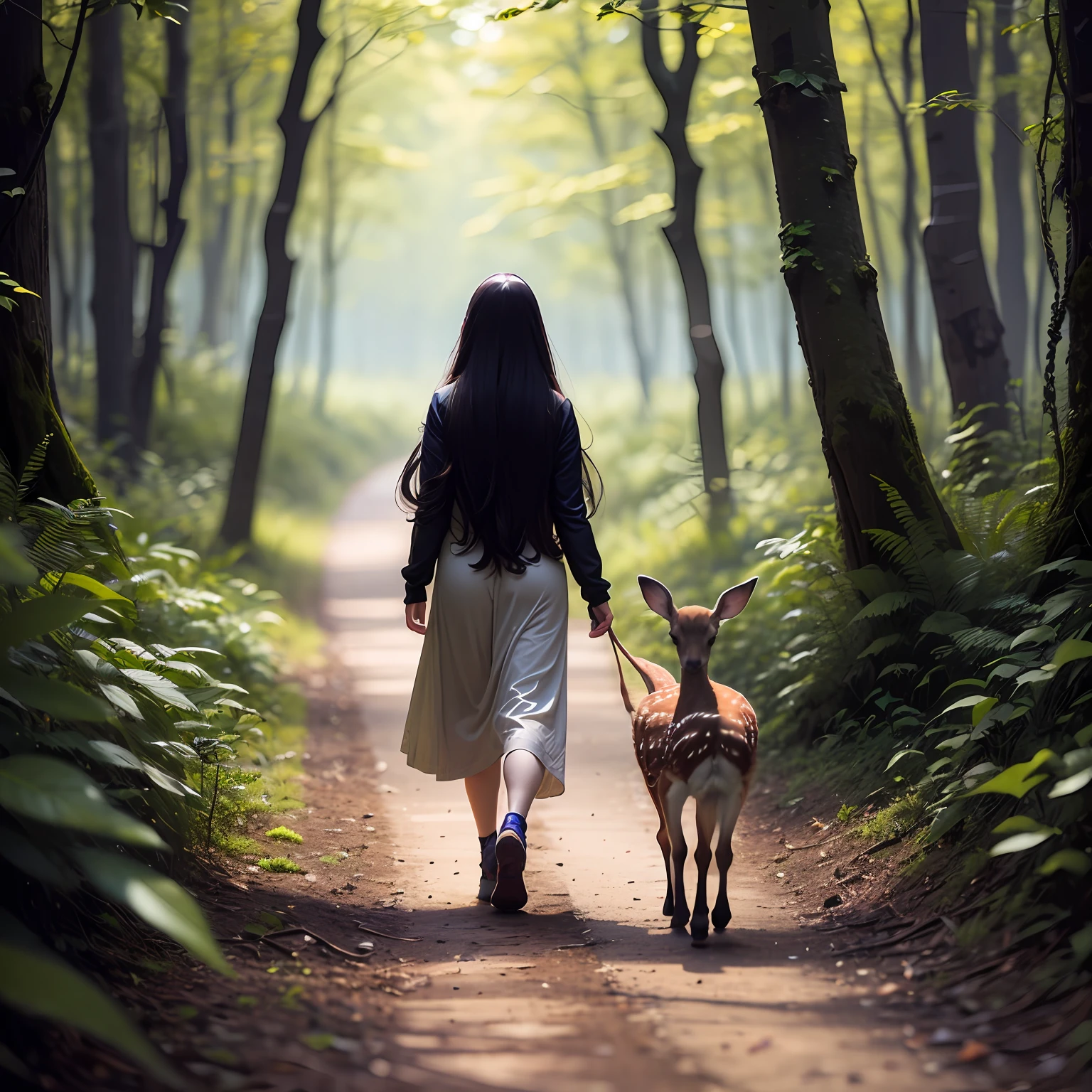 A long-haired girl walks in the woods,Next to it was followed by a fawn --auto