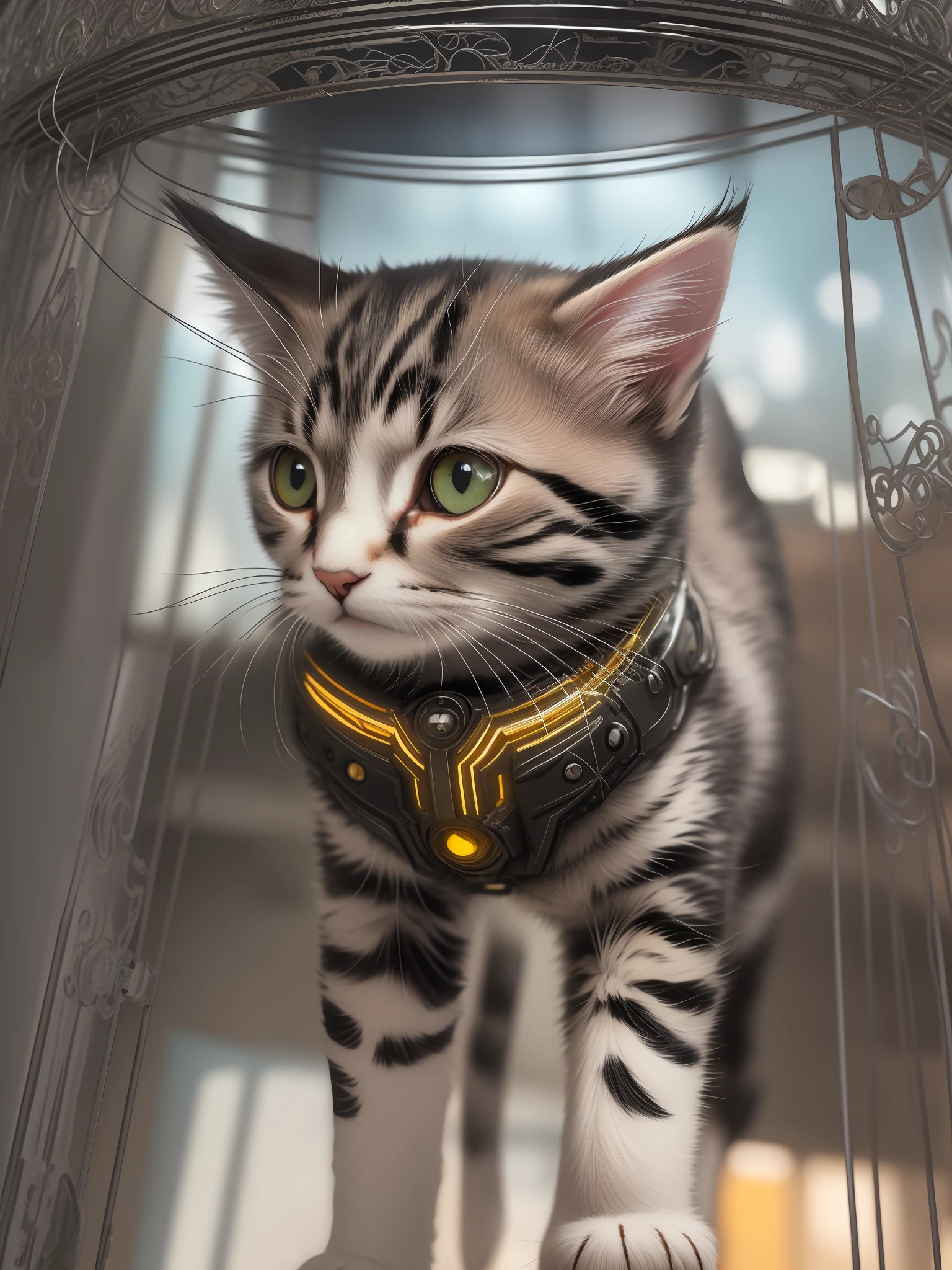 A cute kitten made of metal, (cyborg:1.1), ([tail|detailed wire]:1.3), (intricate detail), hdr, (intricate detail, hyperdetailed:1.2), cine footage, halo shadow, centered