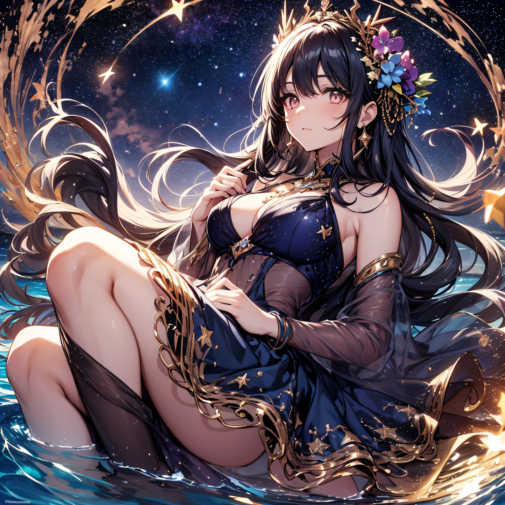 A beautiful woman in a dress with her feet in the shallows of a lake, looking up at the night sky with constellations floating in the air. She has a beautiful face and shining eyes of vivid colors. She wears elaborate and delicate ornaments. A fantastic night with several constellations silhouetted in the sky. Detailed drawing. Vivid colors. High image quality