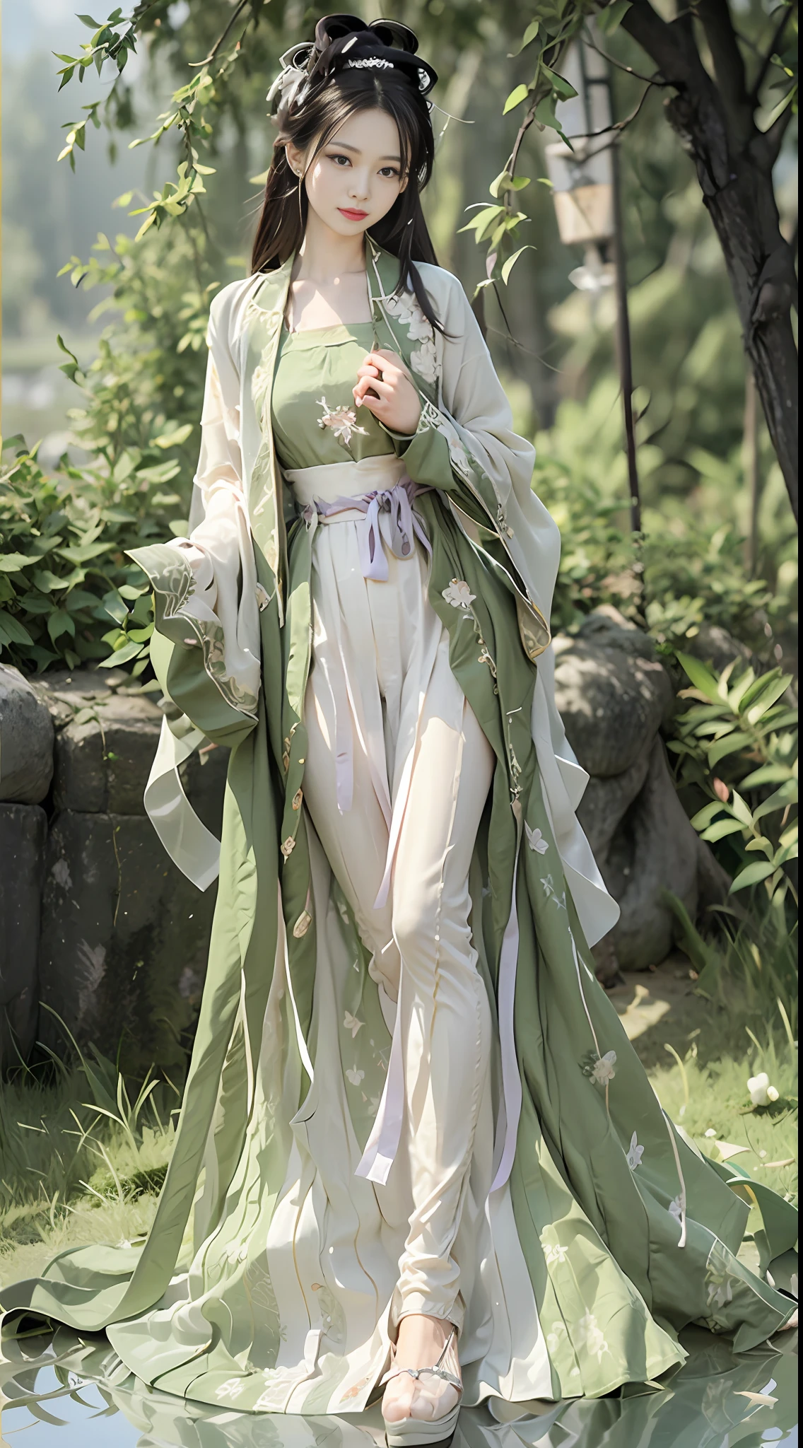 Woman - Wearing an emerald green dress - Light steps - Flowing skirt - Long hair like a waterfall - Purple ribbon around waist - Feminine and moving - Pure girl - Focus on reading Scroll - Qin Qi - Song style costume - Song Dynasty literati Xiangmen Emperor - Elegant atmosphere,Jade foot,Pure,Simple clothing,naive,White shawl