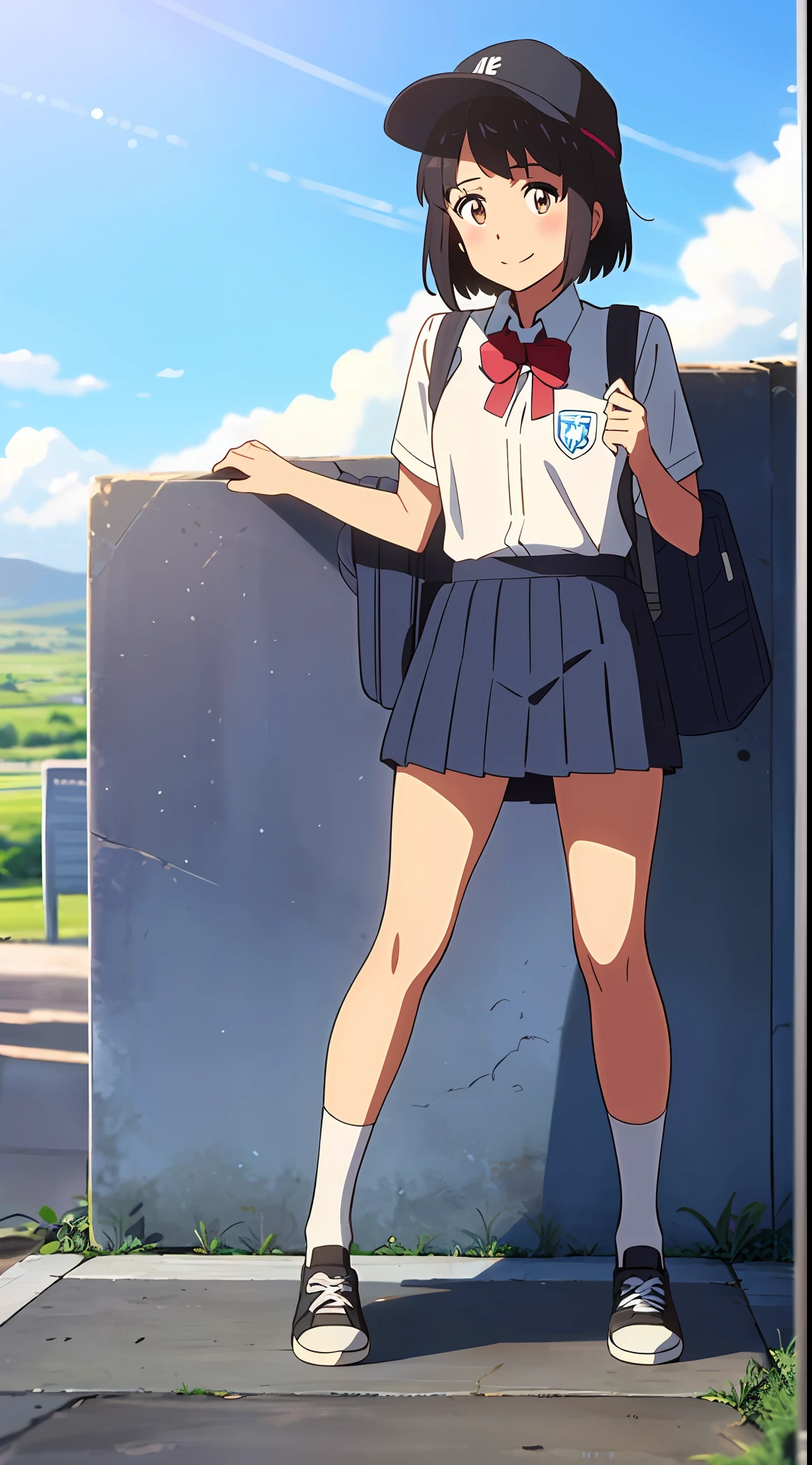 shinkai makoto, kimi no na wa., 1girl, bangs, black hair, blue sky, blush, brown eyes, cloud, collared shirt, headband, looking at the viewer, Negative Space, Outdoor, outside, bright, blue headband, blue ribbon, school, school uniform, shirt, cap, blue cap, short hair, sky, smile, solo, white shirt, blue skirt, school, mid-socks, white socks, black sneakers, full body, school backpack