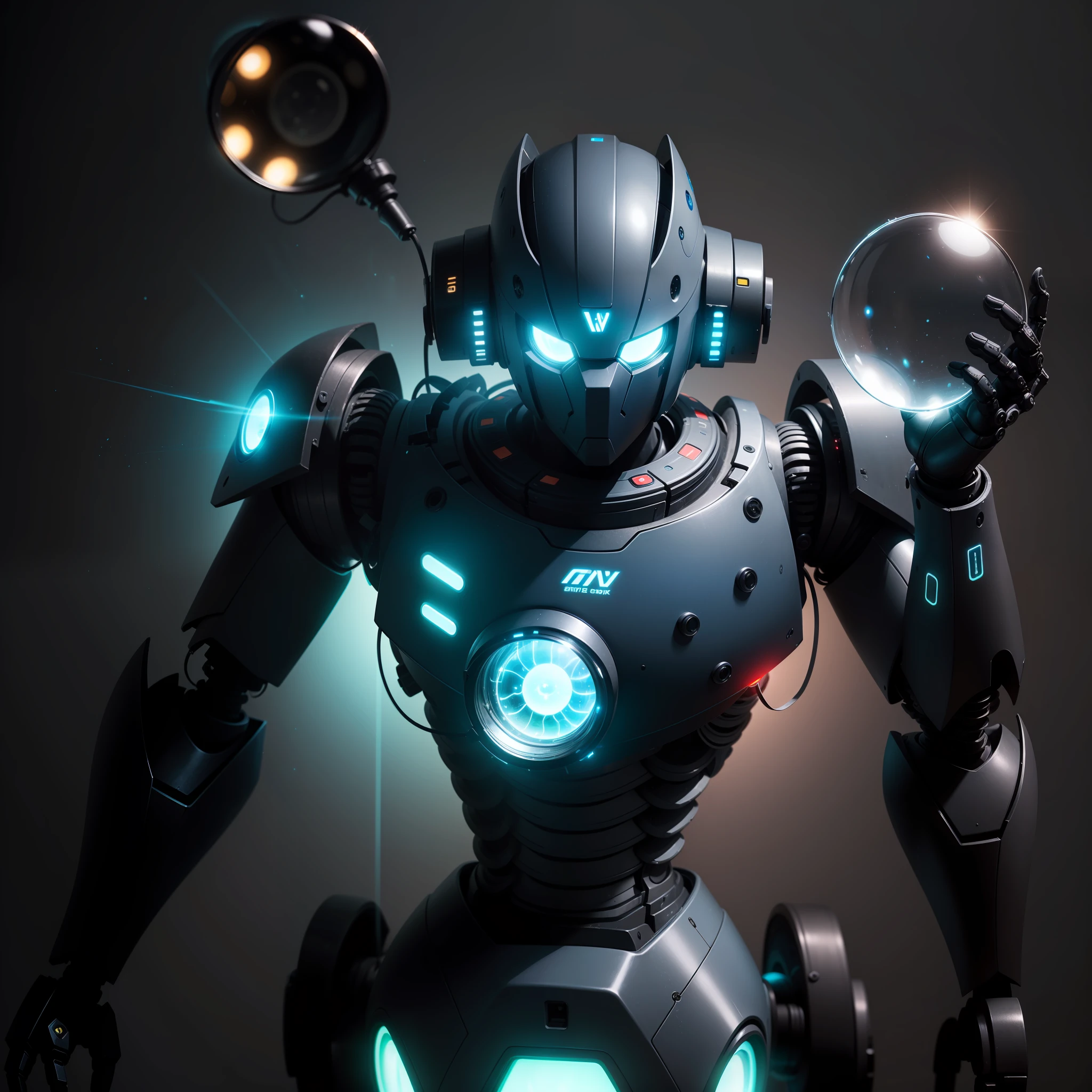(Top image quality,Best resolution,Outstanding details),(cold shades+black in color:1.2+blue colors:1.1)Mechanical texture,Streamlined styling,There is a streamer effect on the robot's head,The eye(green color:1.2+red colour:1.1),(Magnifying glass effect+black in color:1.2)The overall body of the robot is prominent,Body with(Blue glowing light+Blue LED strip light),The light source comes from inside the robot,A mysterious light radiates from the darkness。 --auto