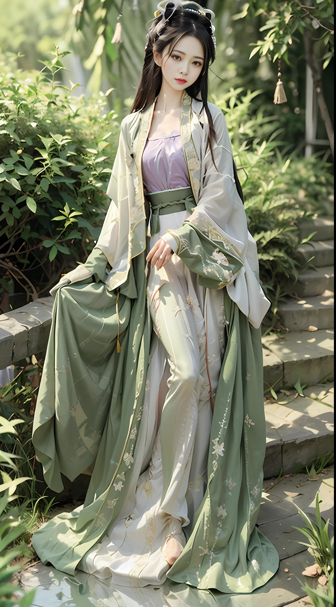 Woman - Wearing an emerald green dress - Light steps - Flowing skirt - Long hair like a waterfall - Purple ribbon around waist - Feminine and moving - Pure girl - Focus on reading Scroll - Qin Qi - Song style costume - Song Dynasty literati Xiangmen Emperor - Elegant atmosphere,Jade foot,Pure,Simple clothing,naive,White shawl