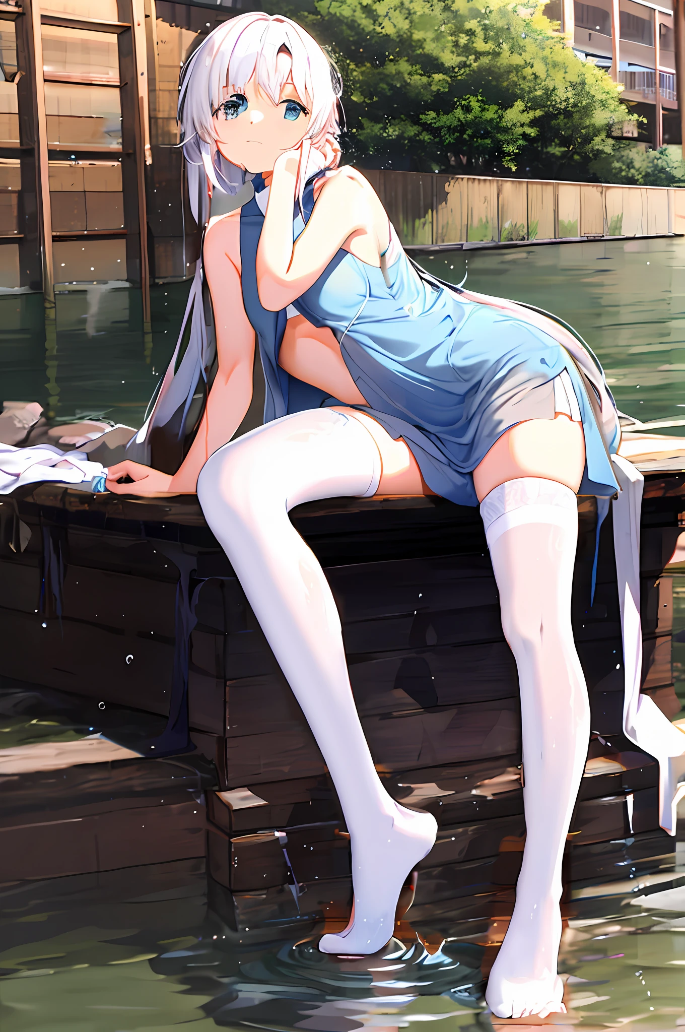 long whitr hair。In a clear stream。Wet clothes。