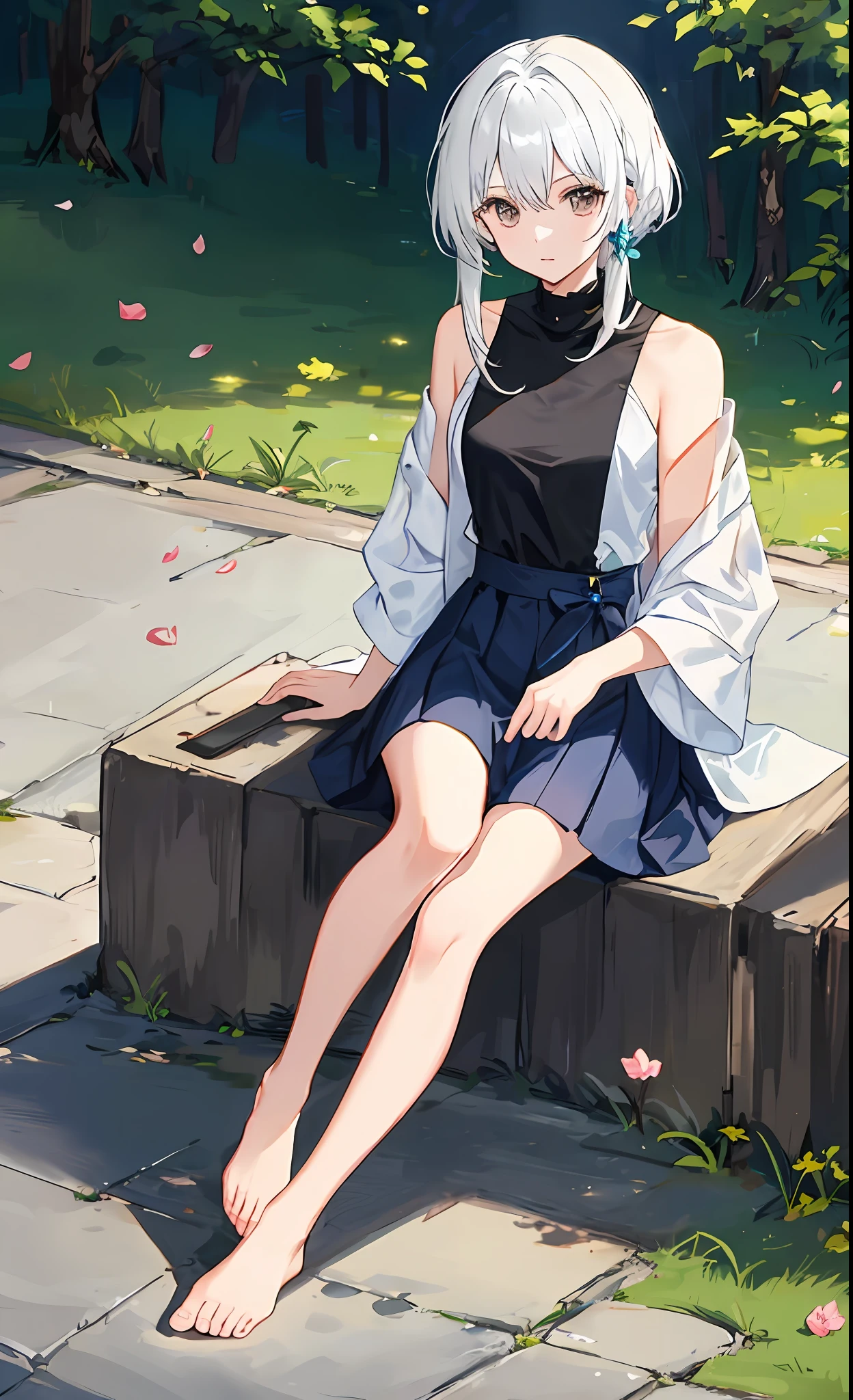 bare-legged，Bigchest，White hair，Sit on the ground and extend your feet to the camera