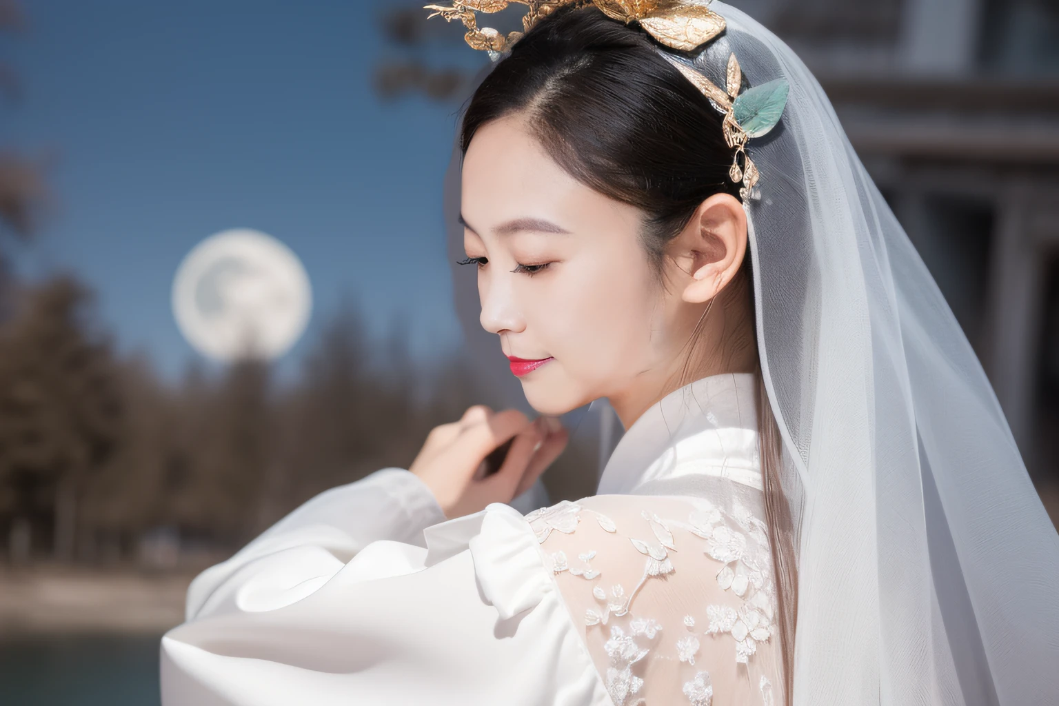 （Shy：1.3），（Golden section：1.2），(8K, RAW photogr:1.2), Best quality, 超高分辨率,Dramatic angles,(fluttering detail color splash), (illustration),(((1 girl))),(Long hair),(rain:0.9), (head gear:1.4),There is an ancient palace beside the girl,Hanfu,(focal point)， 巨作, Best quality, beautiful painted, highly-detailing,(Denoising:0.6),[Splash ink],((ink refraction)), (Beautiful detailed sky),Moon,highly,A detailed,(巨作, Best quality, Extremely detailed） CG unity 8k wallpaper，tmasterpiece，Best quality at best，ultra - detailed），（Stone garlic），