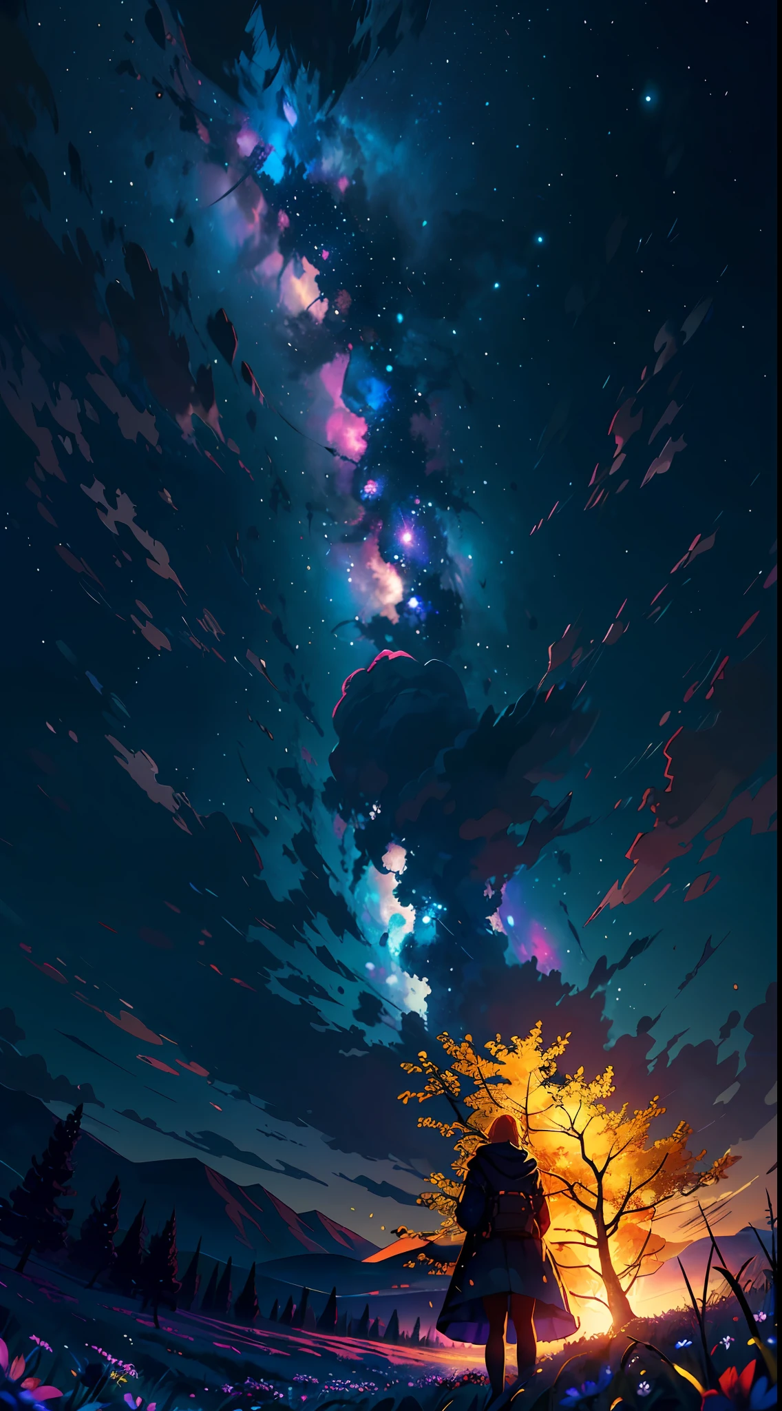 A wide landscape photo, (viewed from below, the sky is above, and the open field is below), a girl standing on a flower field looking up, (full moon: 1.2), (meteor: 0.9), (nebula: 1.3), distant mountains , Trees BREAK Crafting Art, (Warm Light: 1.2), (Firefly: 1.2), Lights, Lots of Purple and Orange, Intricate Details, Volumetric Lighting BREAK (Masterpiece: 1.2), (Best Quality), 4k, Ultra Detailed, (Dynamic Composition: 1.4), Rich in Detail and Color, (Rainbow Color: 1.2), (Glow, Atmospheric Lighting), Dreamy, Magical, (Solo: 1.2)