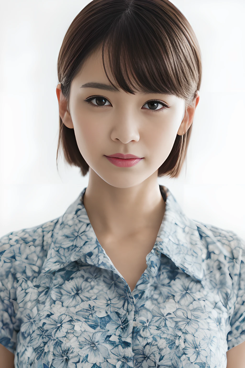 dressed, (photorealistic: 1.4), (hyperrealistic: 1.4), (realistic: 1.3), (smooth lighting: 1.05), (cinematic lighting quality improvement: 0.9), 32K, 1 girl, Japan woman, realistic lighting, backlit, face lights, ray tracking, (bright light: 1.2), (quality improvement: 1.4), ( Top quality realistic textured skin: 1.4), fine detailed eyes, detailed face, fine quality eyes, brown eyes, (tired, sleepy and satisfied: 0.0), blue floral white silk blouse with ruffles and lace, thin string ribbon tie, dark brown hair, short cropped bangs hanging on the forehead, small flower headband, one adult woman with a faint smile, (white background)