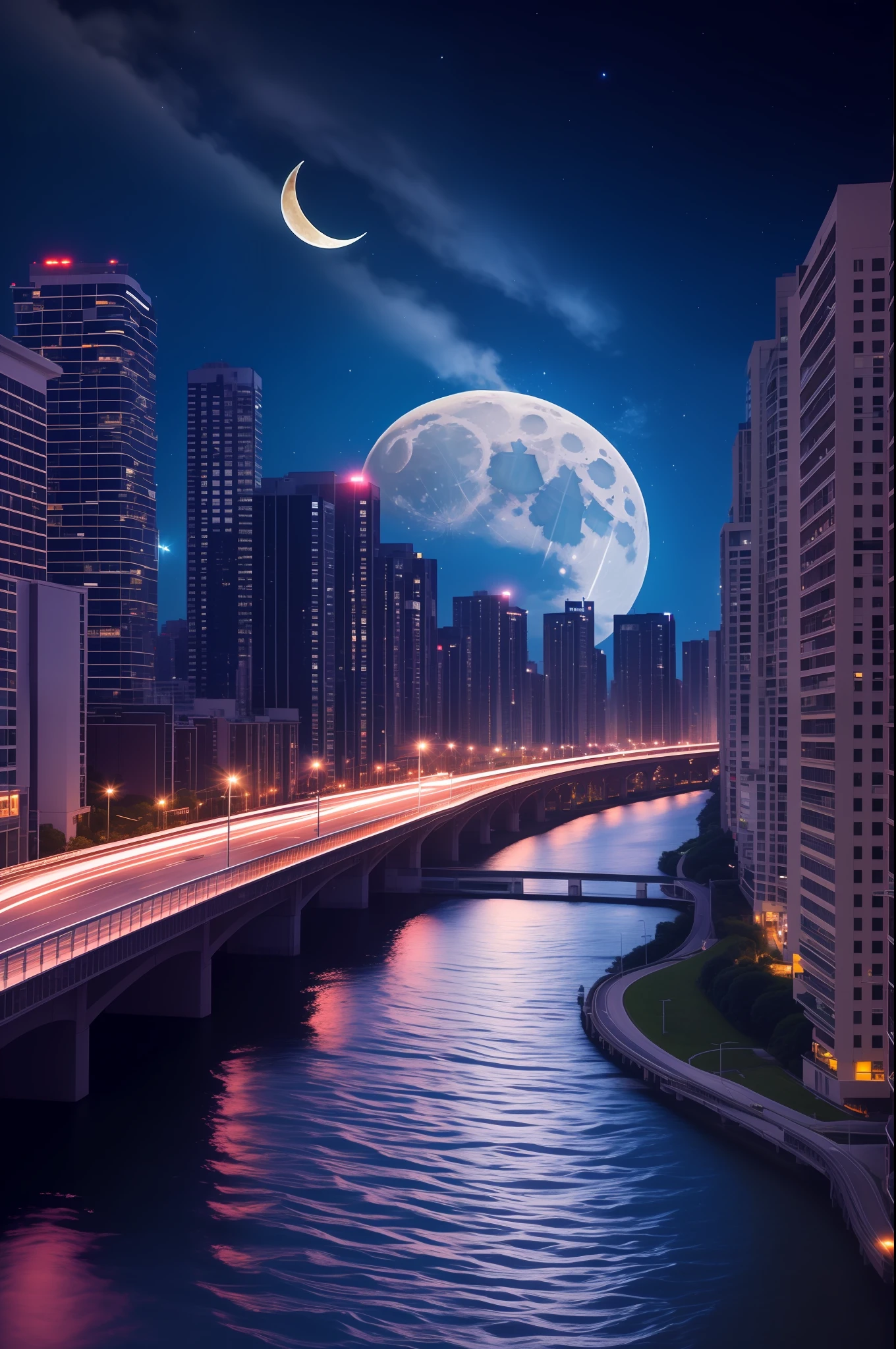 On the viaduct，the night，high - tech，themoon，Suspension car，Buildings，the street lights，Galaxy River。