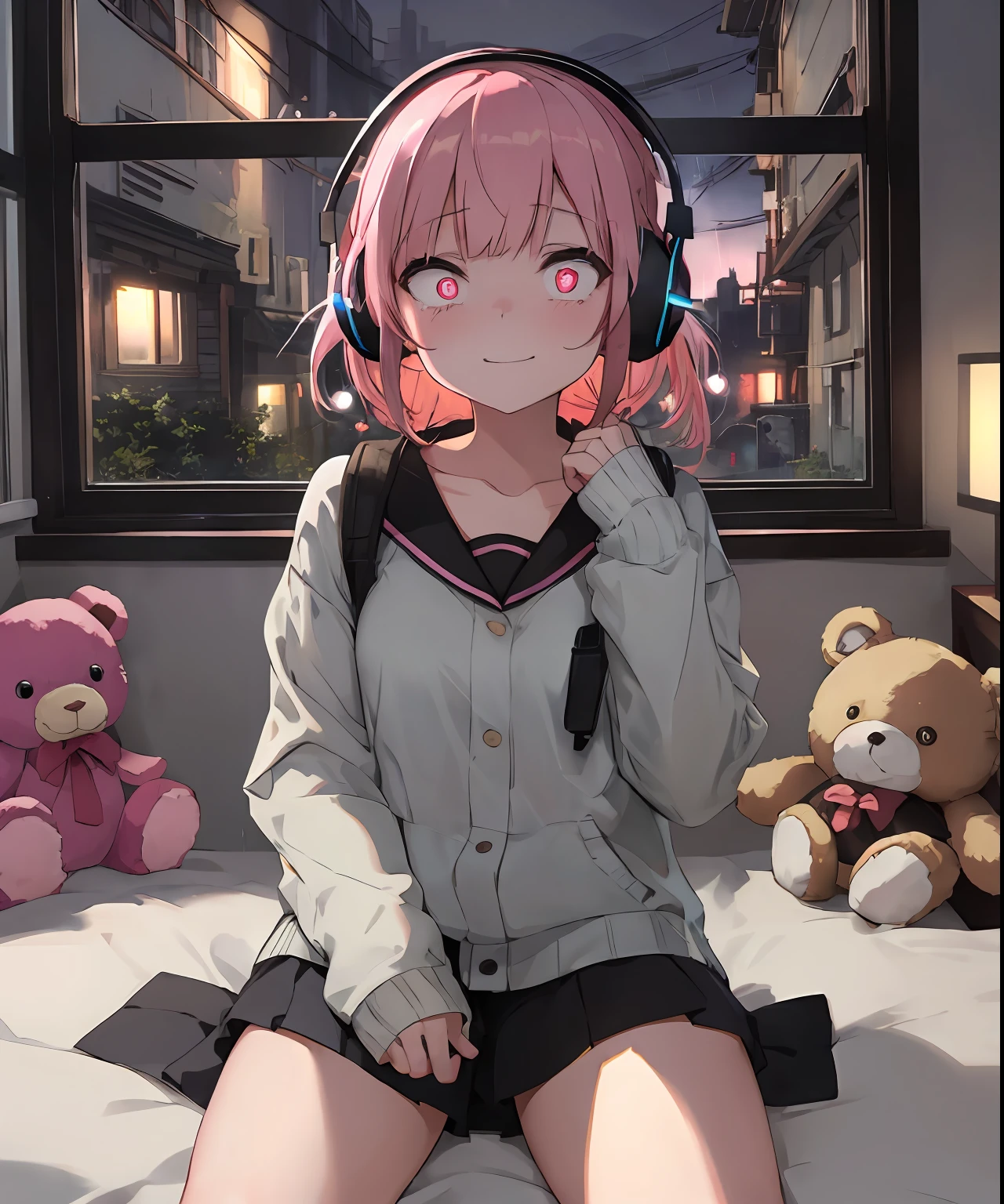 masterpiece, best quality, ultra-detailed, illustration, an extremely delicate and beautiful, cute, girl, energetic, active, Cute, girl, gamer, playing videogames, pink hair, glow, neon, neon glow, dystopic, heart-shaped pupils, headphones, window shade, rain, night time, long hair, futuristic, bedroom, stuffed animals on bed, cozy, sitting on bed, dark room