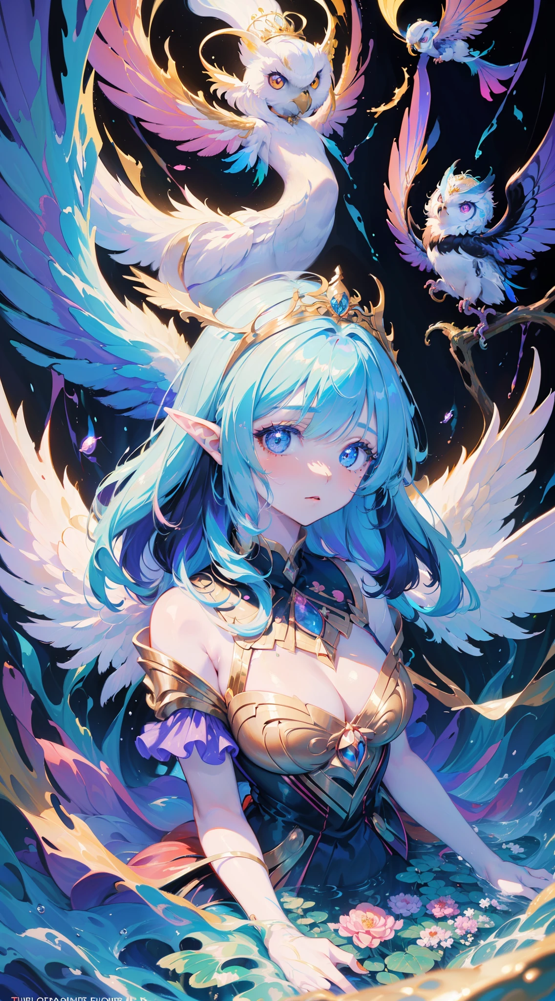 ((Ultra Detailed)), ((Best Illustration)), ((Movie Lighting)), Dynamic Angle, Floating, Fine, (Flash: 1.2), (Shine: 1.2), (Shine: 1.2), "(Best quality), ultra-detailed depiction of a beautiful elven girl wearing a golden tiara studded with blue, pink, and purple gems, as well as owl-themed accessories. Such a creature lives in a cozy burrow, surrounded by exotic creatures and vibrant plants in a colorful forest.", Cinematic, Tilt Blur, Refreshing, Essence, Rim Lights, Scattering