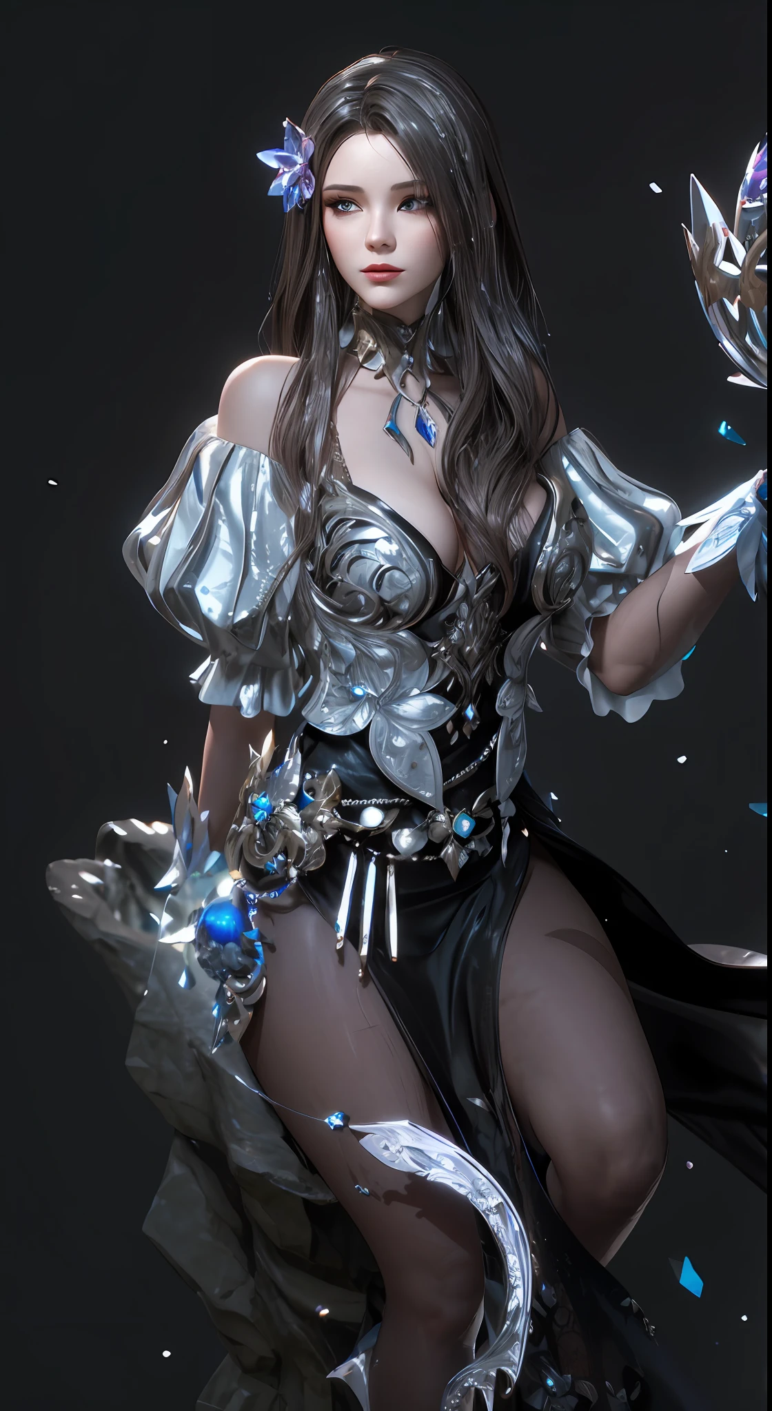 Arad woman in silver dress holding a crystal ball, hyper-detailed fantasy character, closeup fantasy with water magic, unreal engine rendered + A goddess, fantasyoutfit, 4 K detail fantasy, cinematic goddess close shot, 3 D rendering character art 8 K, ornate flowing silvered robes, /!\ sorceress woman, cinematic goddess body shot