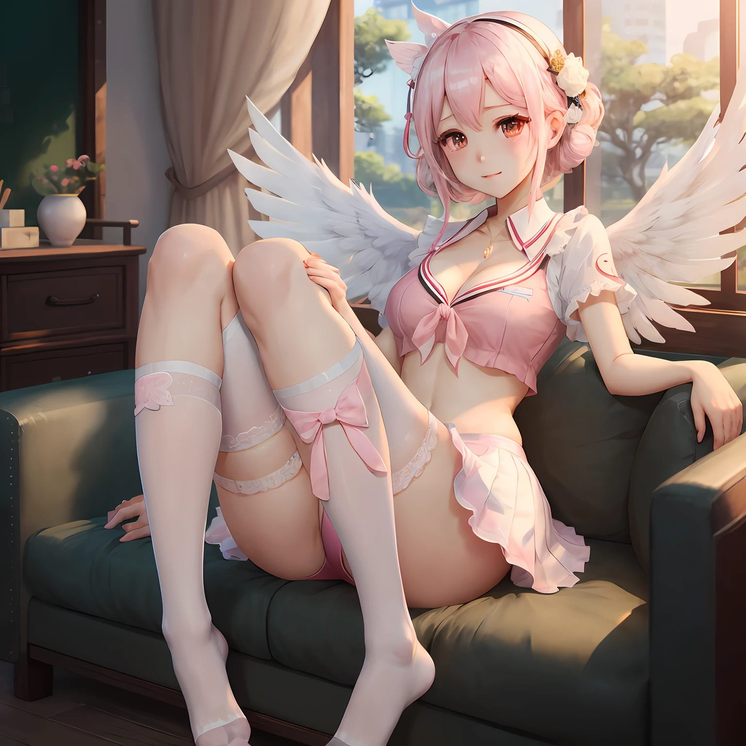 （8K, Best quality, tmasterpiece:1.2),(Best quality:1.0), (超高分辨率:1.0)White wings，white stockings，Pink top，whaite hair，White skin，jade foot，Cover your chest with your hands，girls --auto