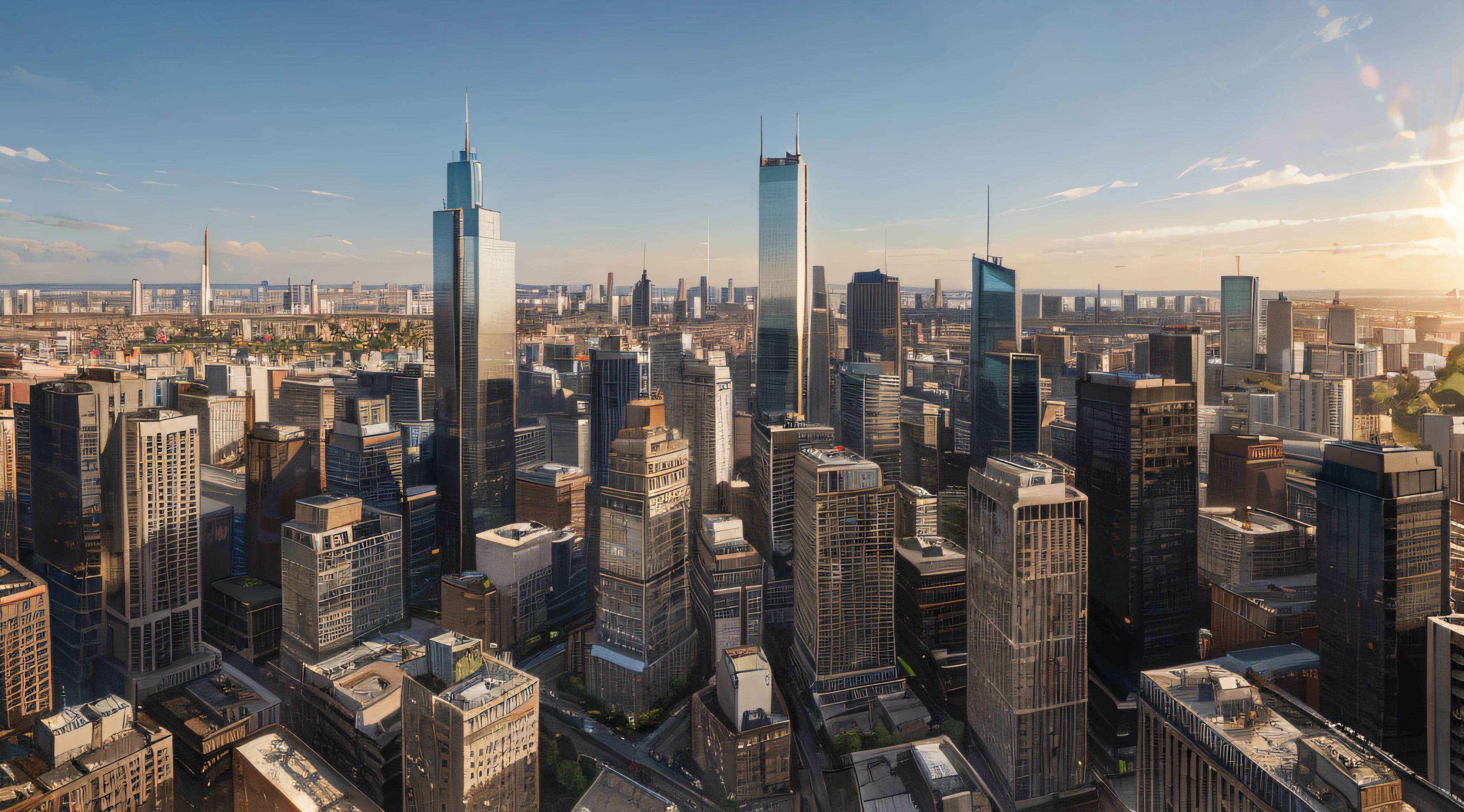 arafficial view of a city with tall buildings and a few skyscrapers, All buildings consist only of straight lines、warsaw, skyline showing, manhattan, detailed high resolution, tall buildings on the sides, highrise business district, by Dietmar Damerau, towering over a city, by Werner Gutzeit, sky line, drone view of a city, by Jakob Gauermann, urban in background