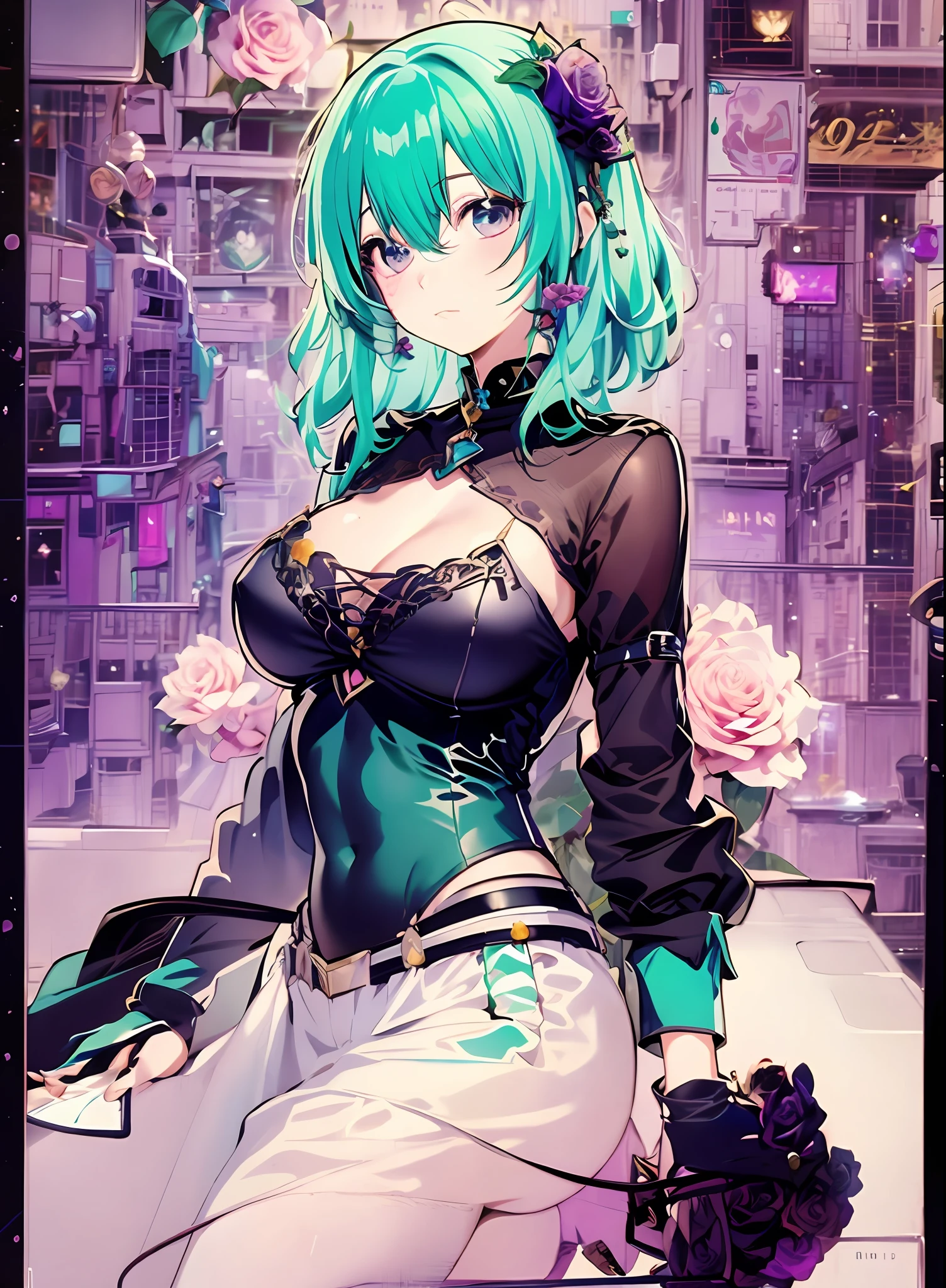 higher detailed character facees, Konmutsuki_gacha_series1, punk_rosette, cute girl, aqua color flowers, full body, elegant flowers background