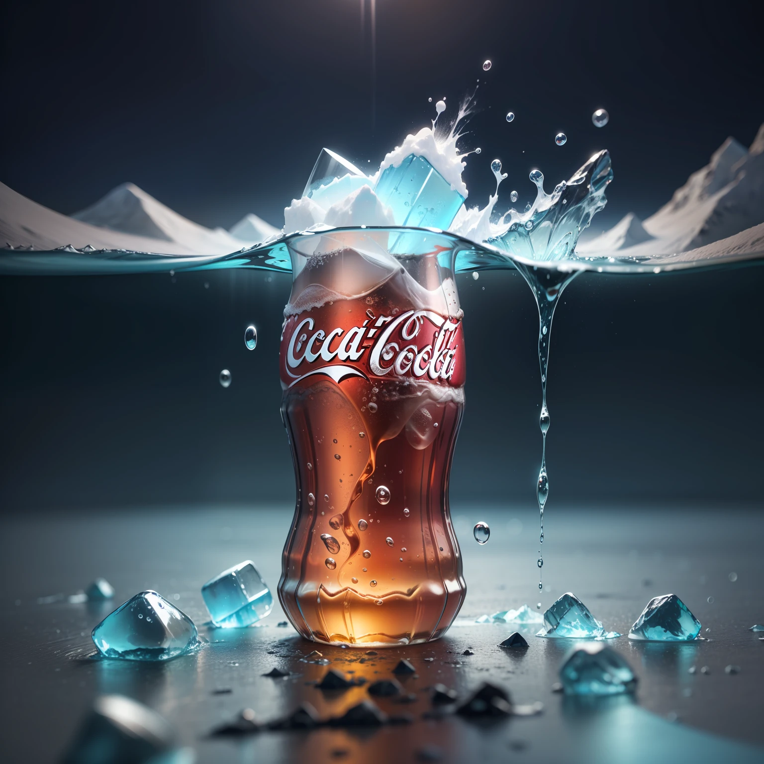 Coca-Cola soda，Material de vidro，Antarctic background，ice cubes，water bloom，Photographic composition，Cinematic lighting effects，lightand shade contrast，Background bokeh，hentail realism，high detal，hyper HD