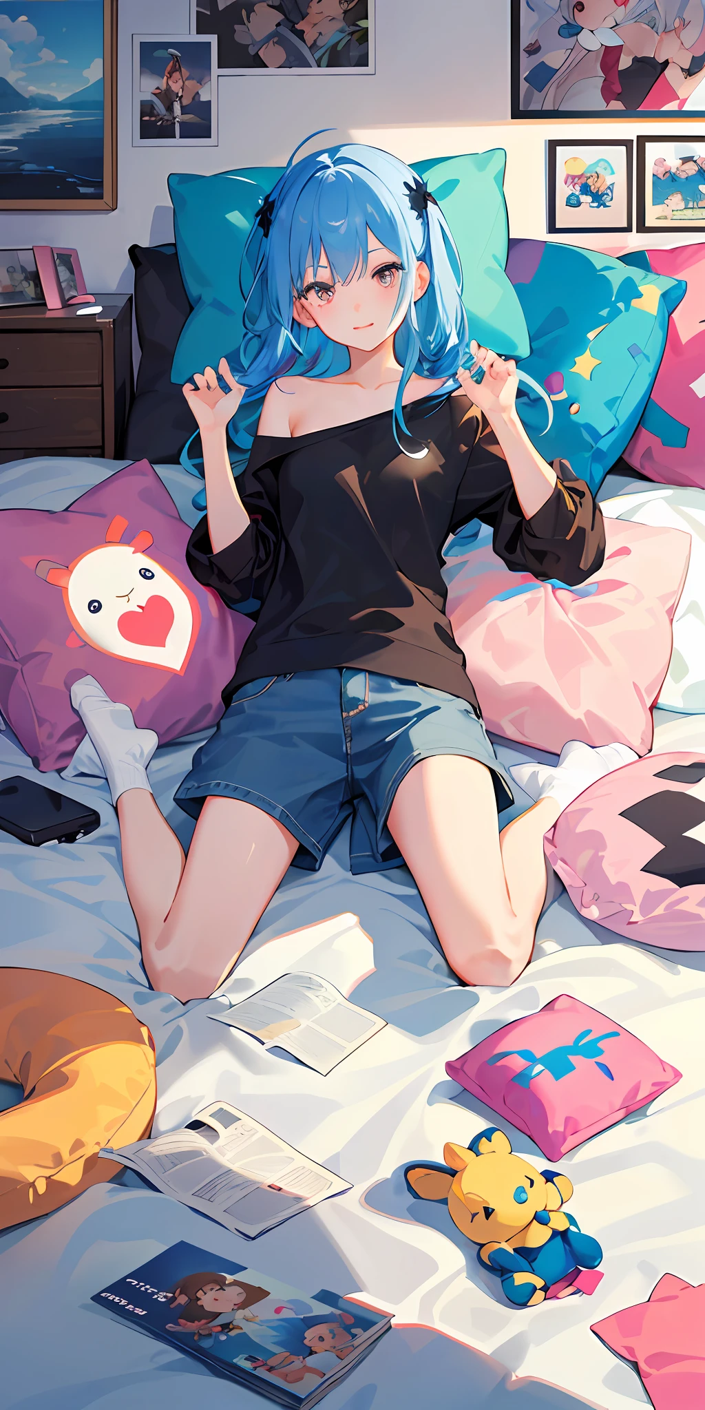 ((tmasterpiece,best qualtiy)),(1girll),美丽细致的眼睛,vibrant with colors,vibrant with colors,messy rooms,plushies,toys,pillow head,blankets,cushion,Posters are pasted on the walls,