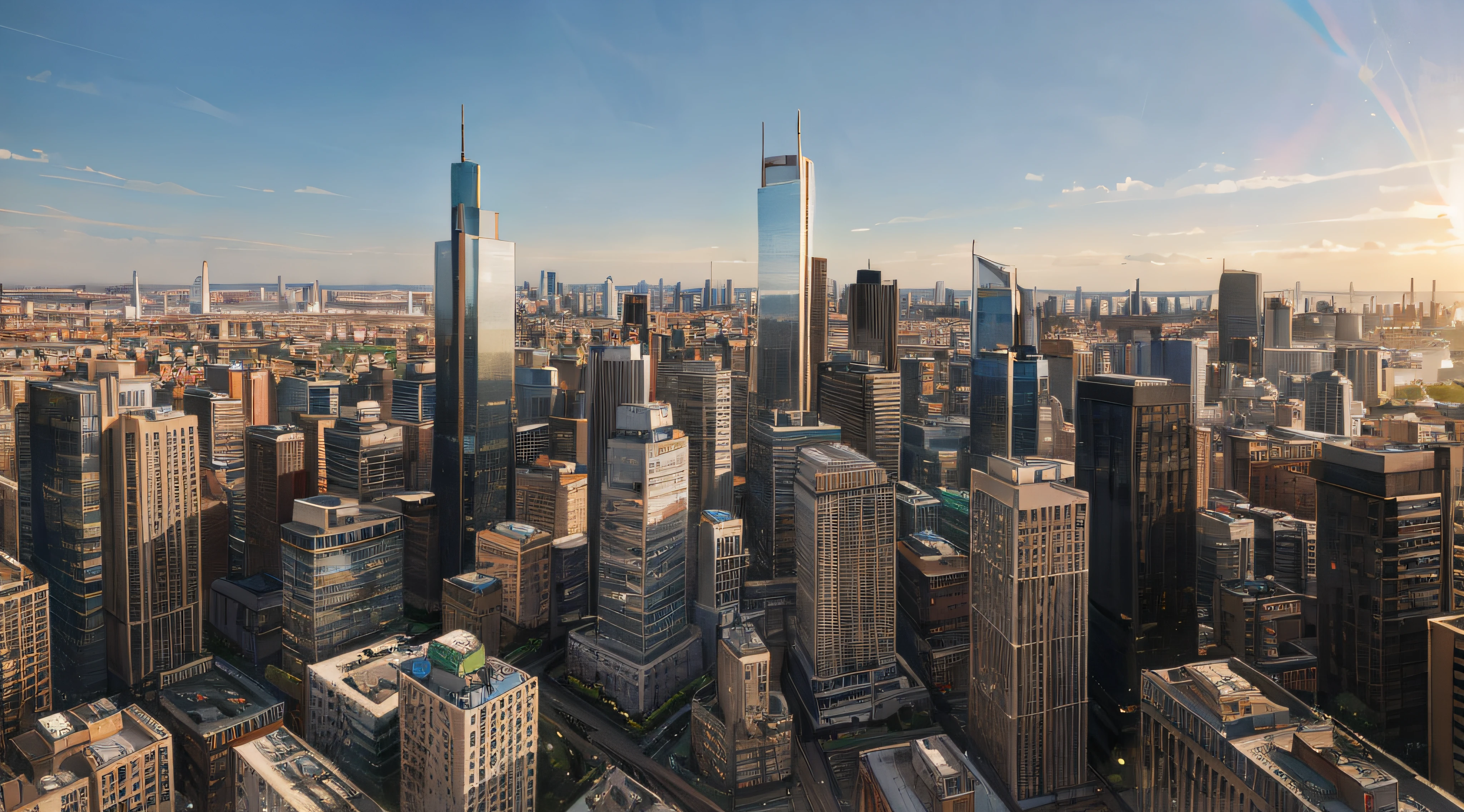 arafficial view of a city with tall buildings and a few skyscrapers, All buildings consist only of straight lines、warsaw, skyline showing, manhattan, detailed high resolution, tall buildings on the sides, highrise business district, by Dietmar Damerau, towering over a city, by Werner Gutzeit, sky line, drone view of a city, by Jakob Gauermann, urban in background