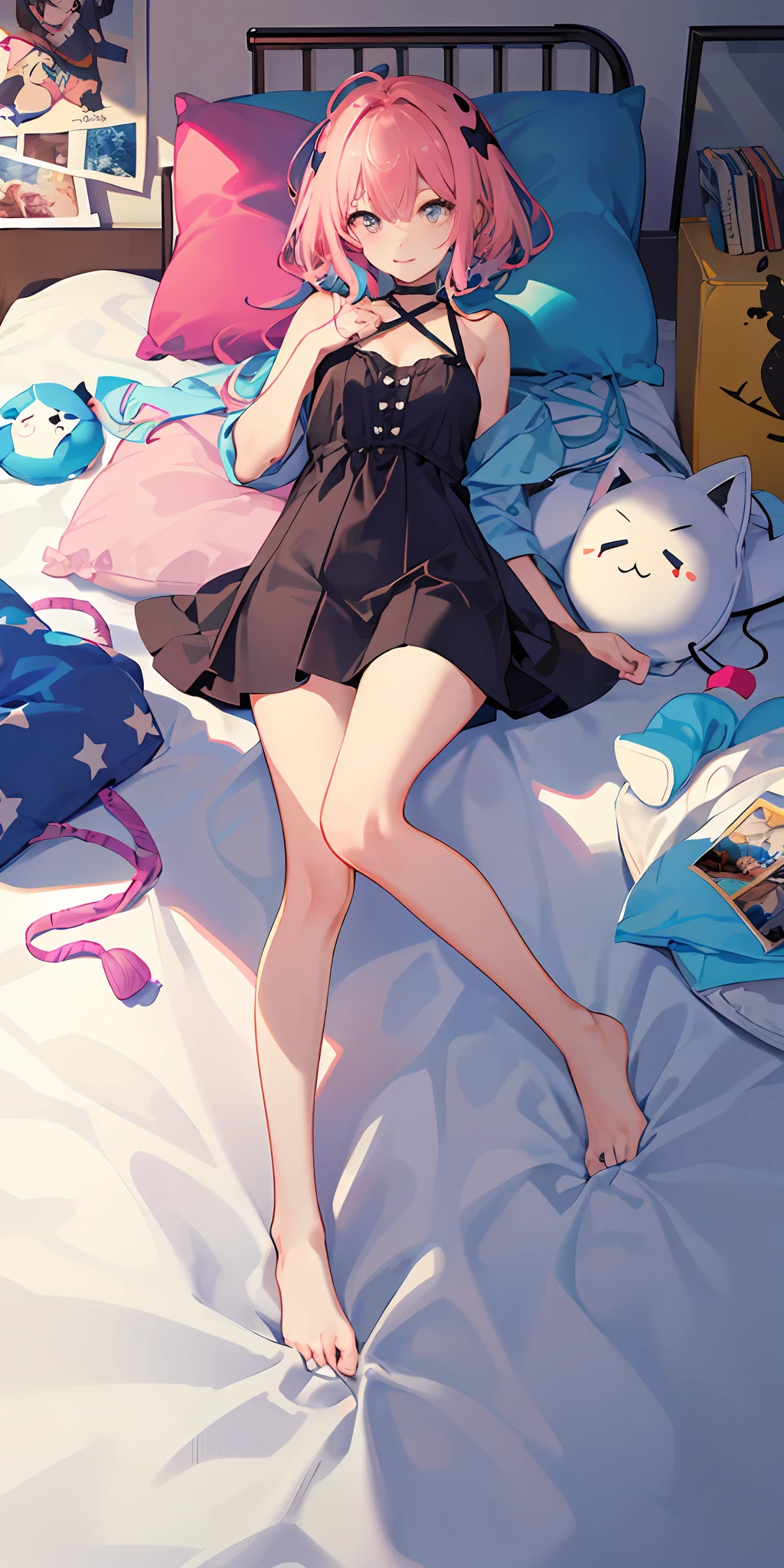 （（tmasterpiece，best qualtiy）），（1girll），美丽细致的眼睛，vibrant with colors，vibrant with colors，messy rooms，plushies，toys，pillow head，blankets，cushion，Posters are pasted on the walls，