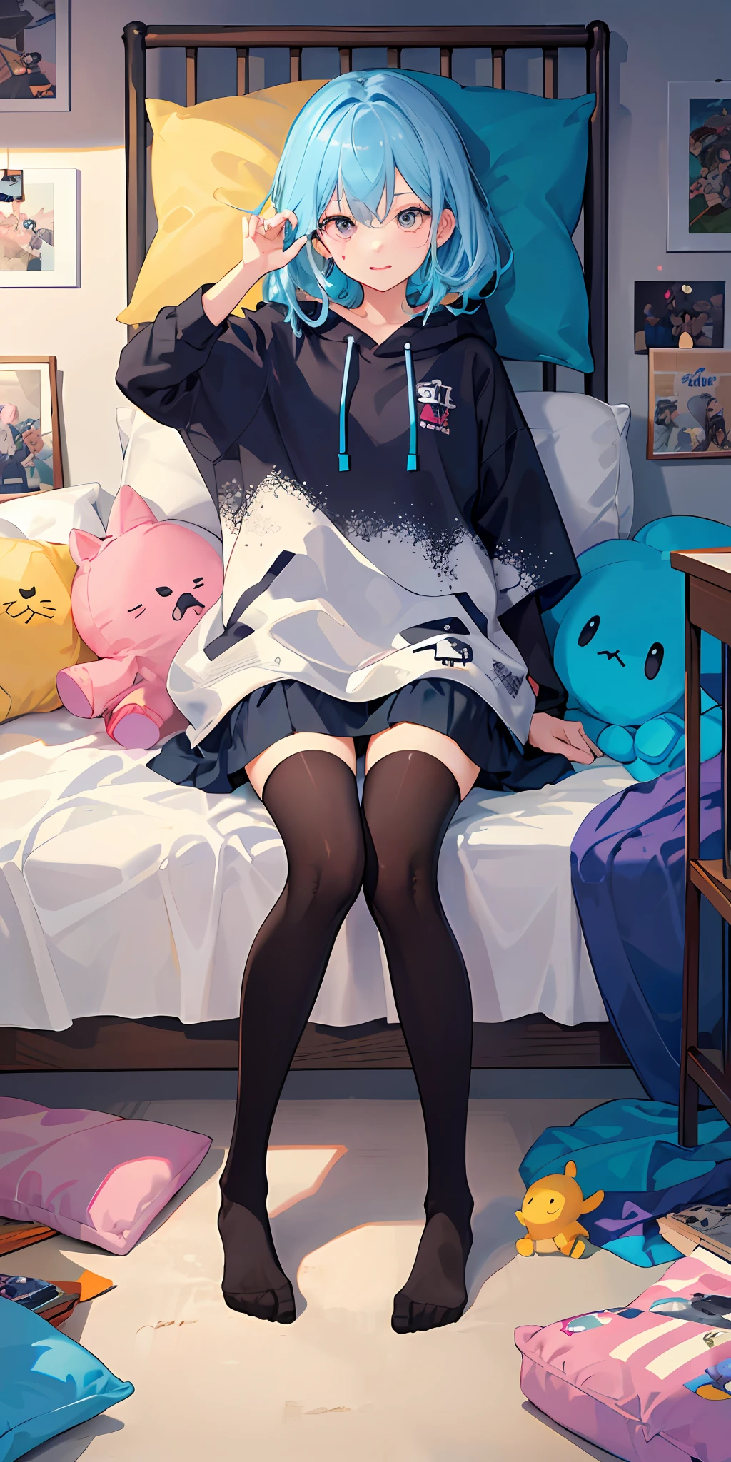 ((tmasterpiece,best qualtiy)),(1girll),美丽细致的眼睛,vibrant with colors,vibrant with colors,messy rooms,plushies,toys,pillow head,blankets,cushion,Posters are pasted on the walls,