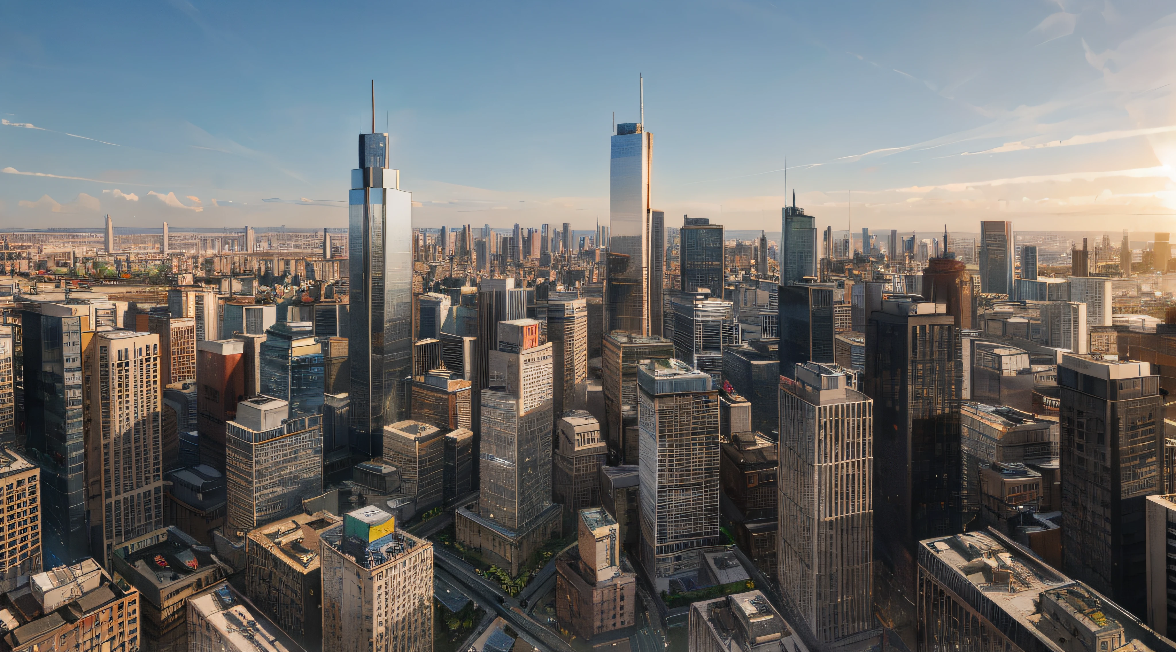 arafficial view of a city with tall buildings and a few skyscrapers, All buildings consist only of straight lines、warsaw, skyline showing, manhattan, detailed high resolution, tall buildings on the sides, highrise business district, by Dietmar Damerau, towering over a city, by Werner Gutzeit, sky line, drone view of a city, by Jakob Gauermann, urban in background