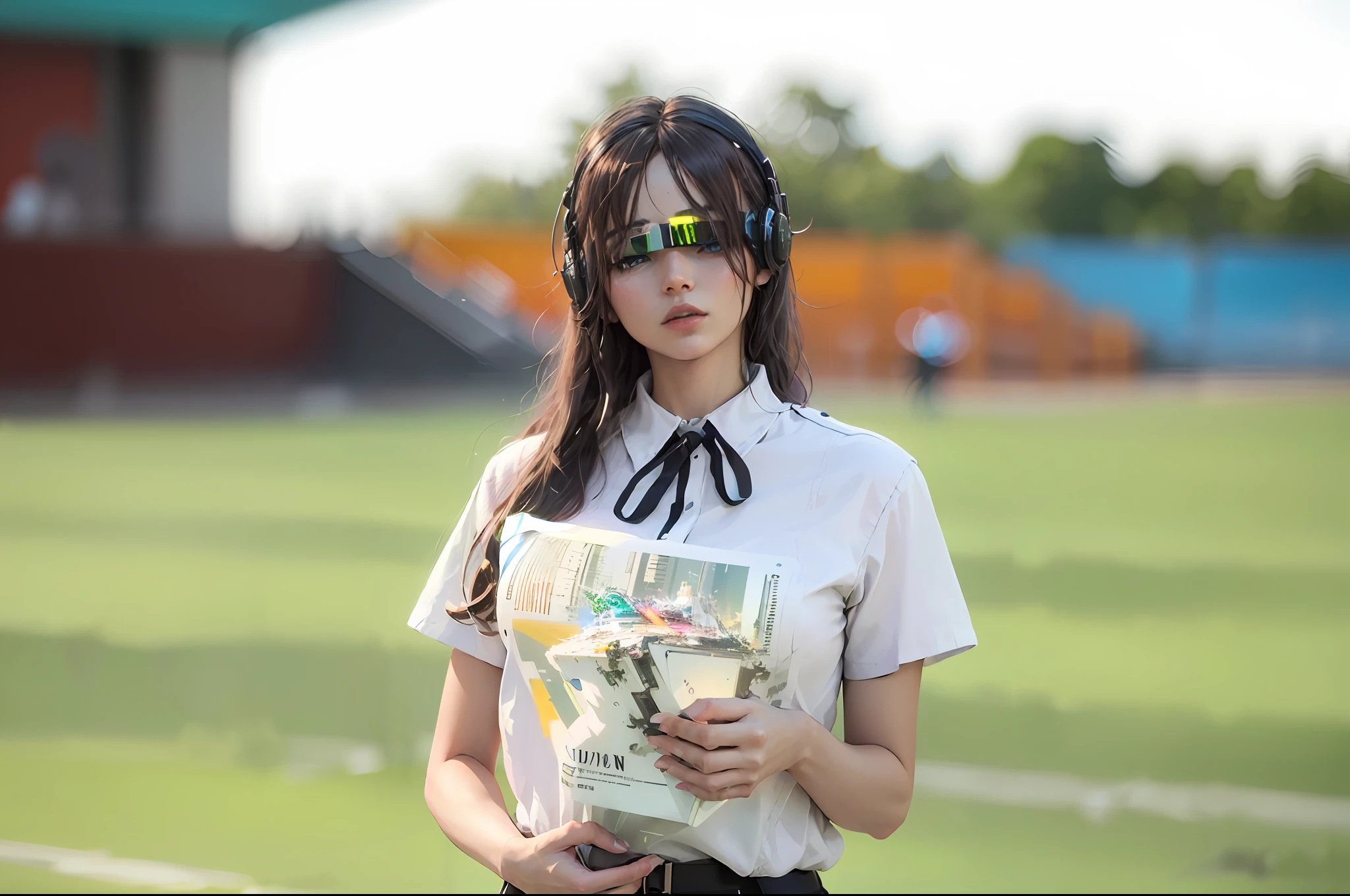 ((Best quality)), ((masterpiece)), (highly detailed:1.3), 3D,NeonNoir, beautiful cyberpunk woman,(wearing head-mounted display that is chunky and hi-tech:1.2),wearing a cape,hacking a computer terminal,PURPLE NEON LIGHT FROM MONITOR, GREEN NEON SIGNS ON THE WALL,
